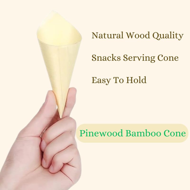 WIIES 6 Inch Pinewood Cones - Pack of 25 Bamboo Disposable Food Cones for Snacks, Desserts & Party Decorations | Eco-Friendly Serving Cones for Ice Cream, Cotton Candy & Wedding Favors