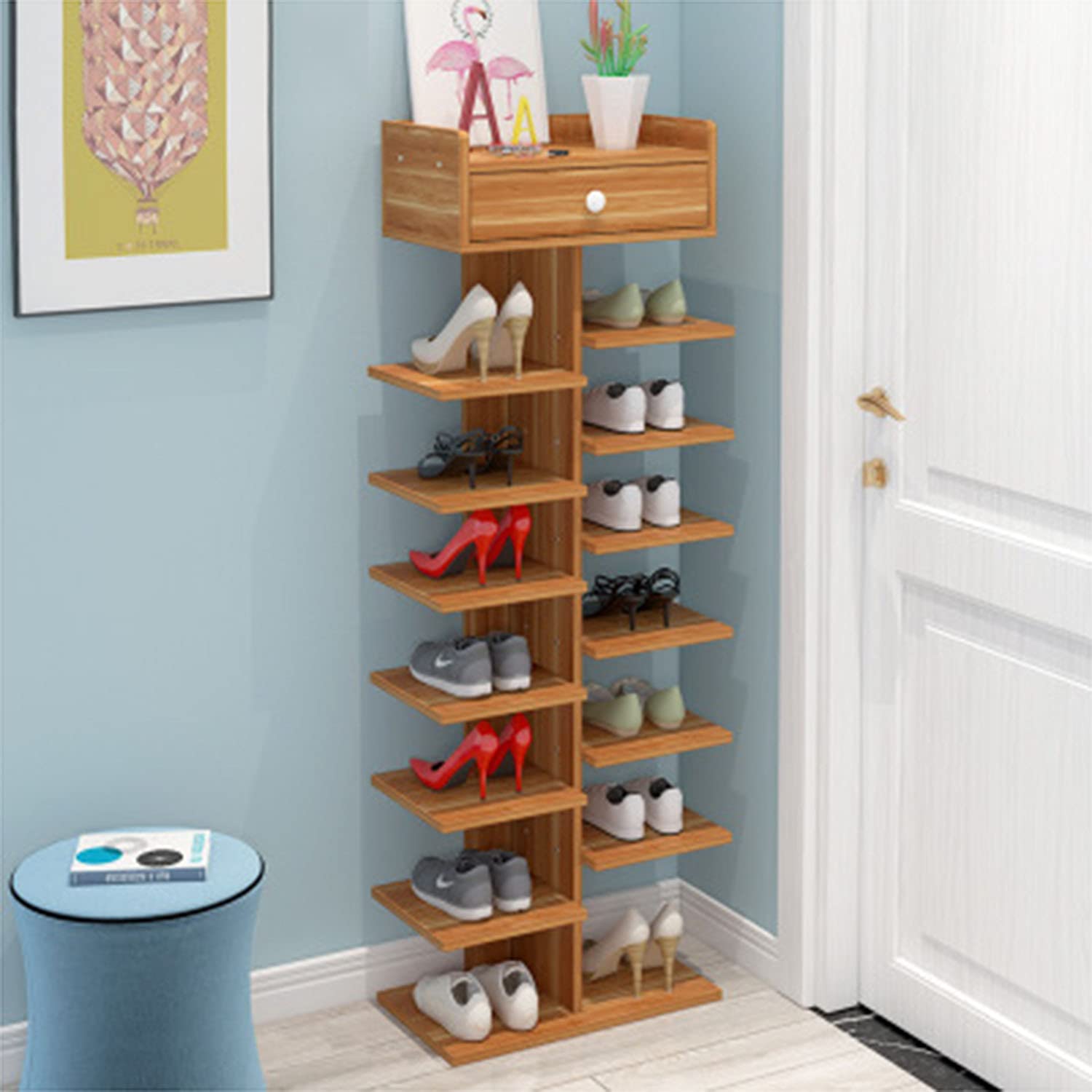 Wooden Shoe Rack - Narrow Tall Free Standing Shoe Storage Organizer with 2-8 Shelves for Hallway, Bedroom & Entryway - Space Saving Shoe Shelf for Small Apartments & Closet Organization