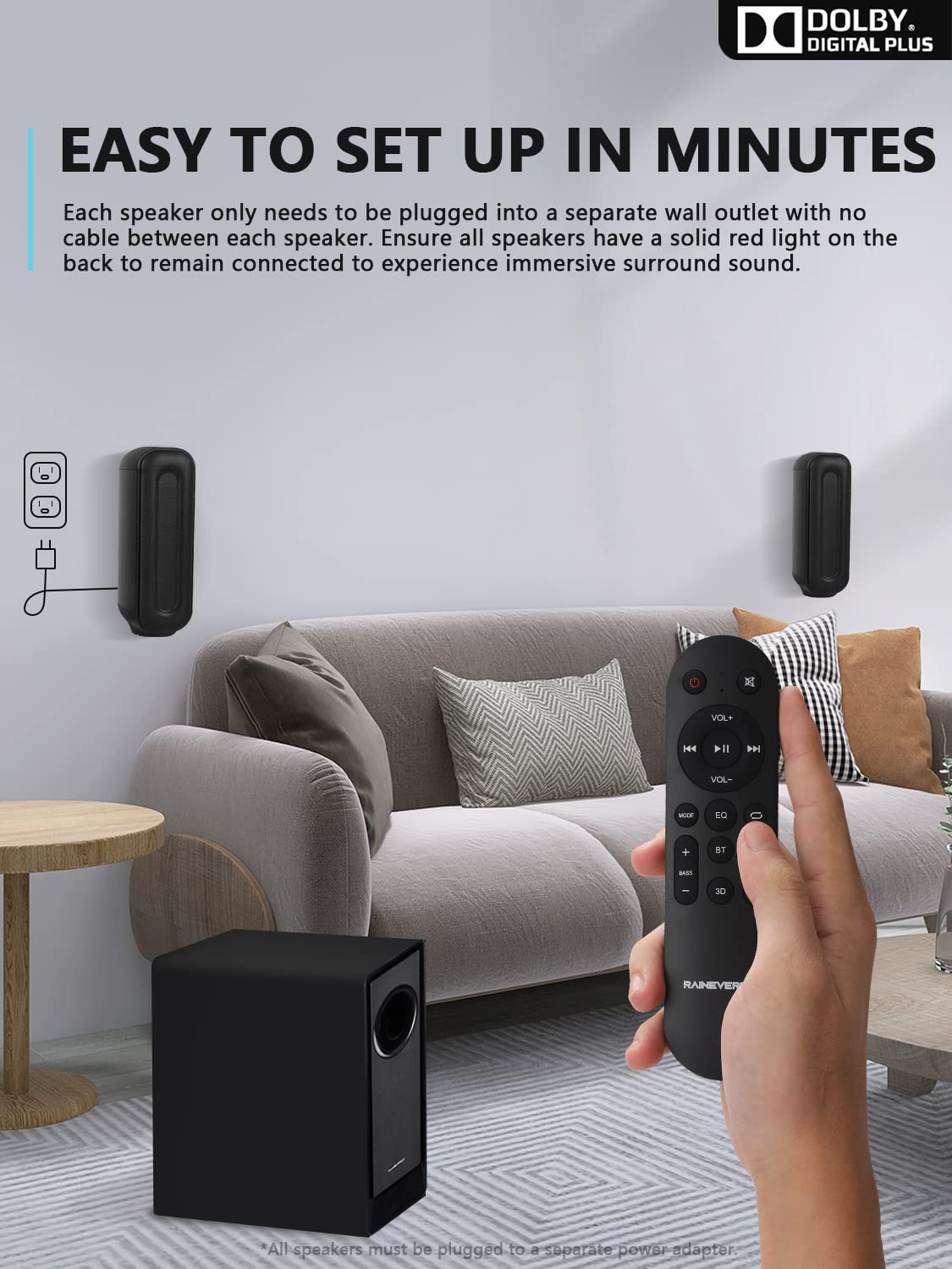 5.1 CH Surround Sound Bar with Dolby Audio & Wireless Subwoofer - Bluetooth 5.3 Soundbar for TV, Home Theater System with Rear Speakers | Dolby Digital Plus, 4K/HDTV Compatible via HDMI & Optical - Perfect for Movie Nights & Gaming Experience