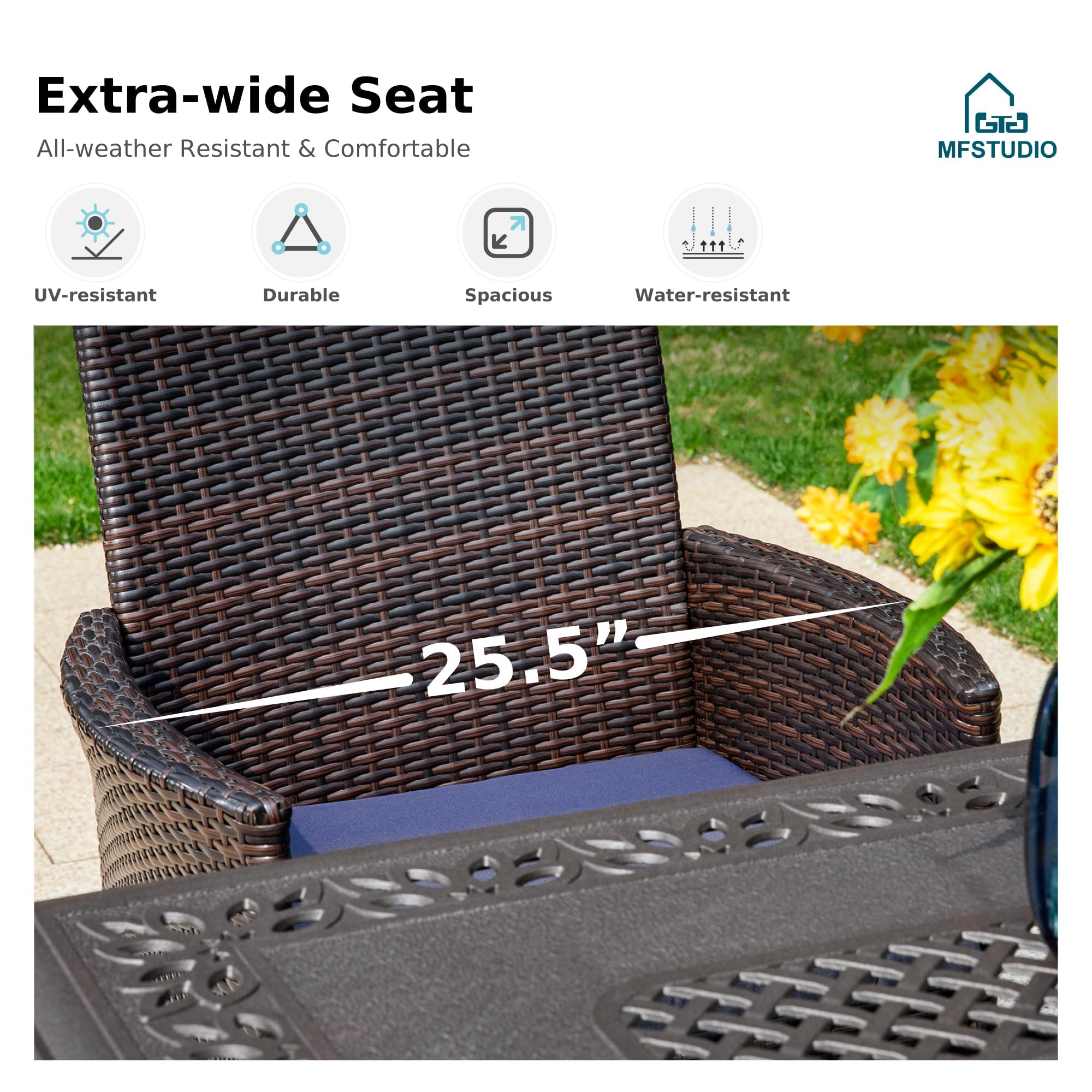 MFSTUDIO 7-Piece Outdoor Patio Dining Set - Extendable Metal Table & Rattan Chairs for 6 - Expandable Garden Furniture for Backyard, Deck, Poolside - Perfect for Outdoor Entertaining & Family Gatherings