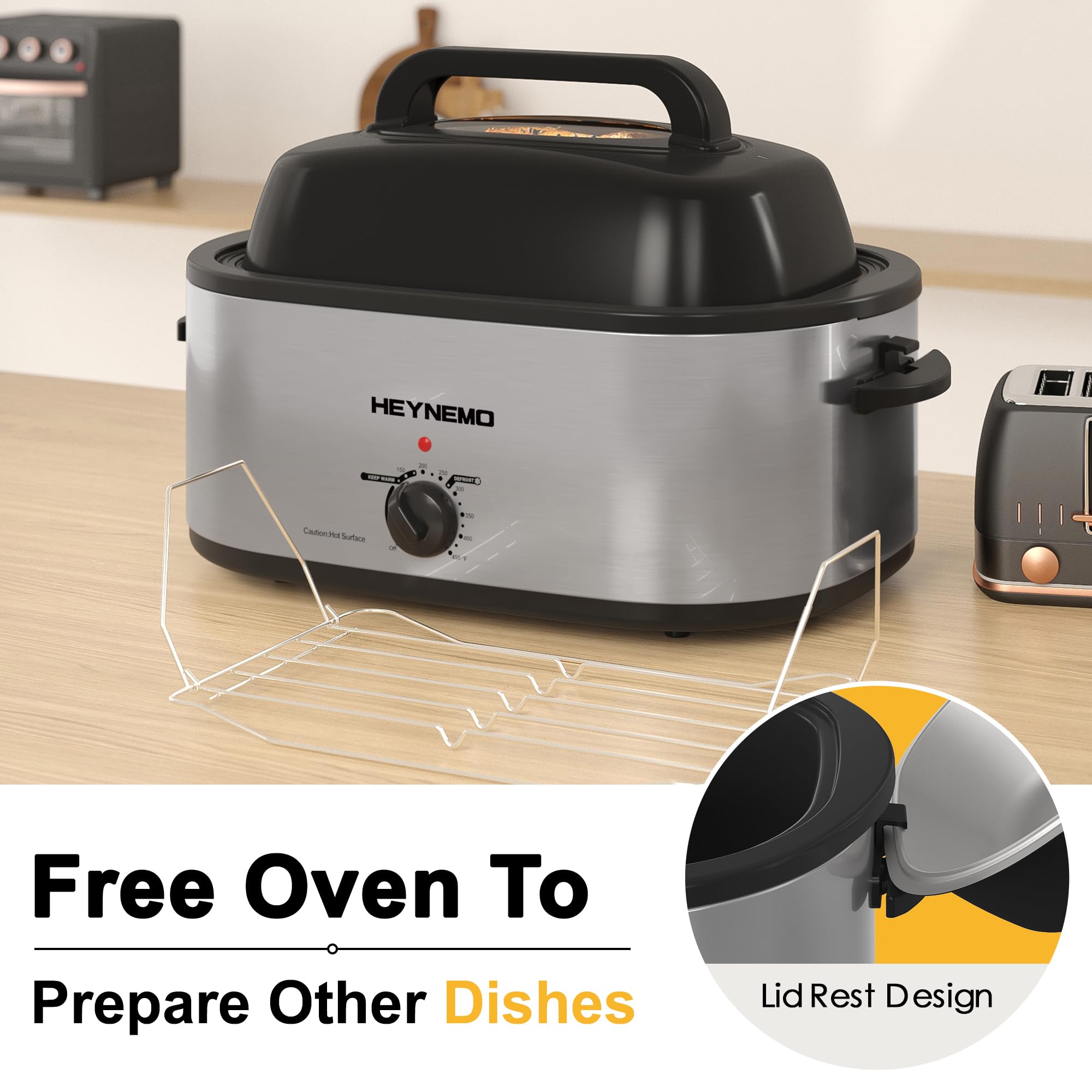 26 Quart Stainless Steel Electric Roaster Oven with Visible Self-Basting Lid, Adjustable Temperature & Defrost Warm Function, Removable Pan Rack for Large Turkey Roasting, Perfect for Holidays & Family Gatherings