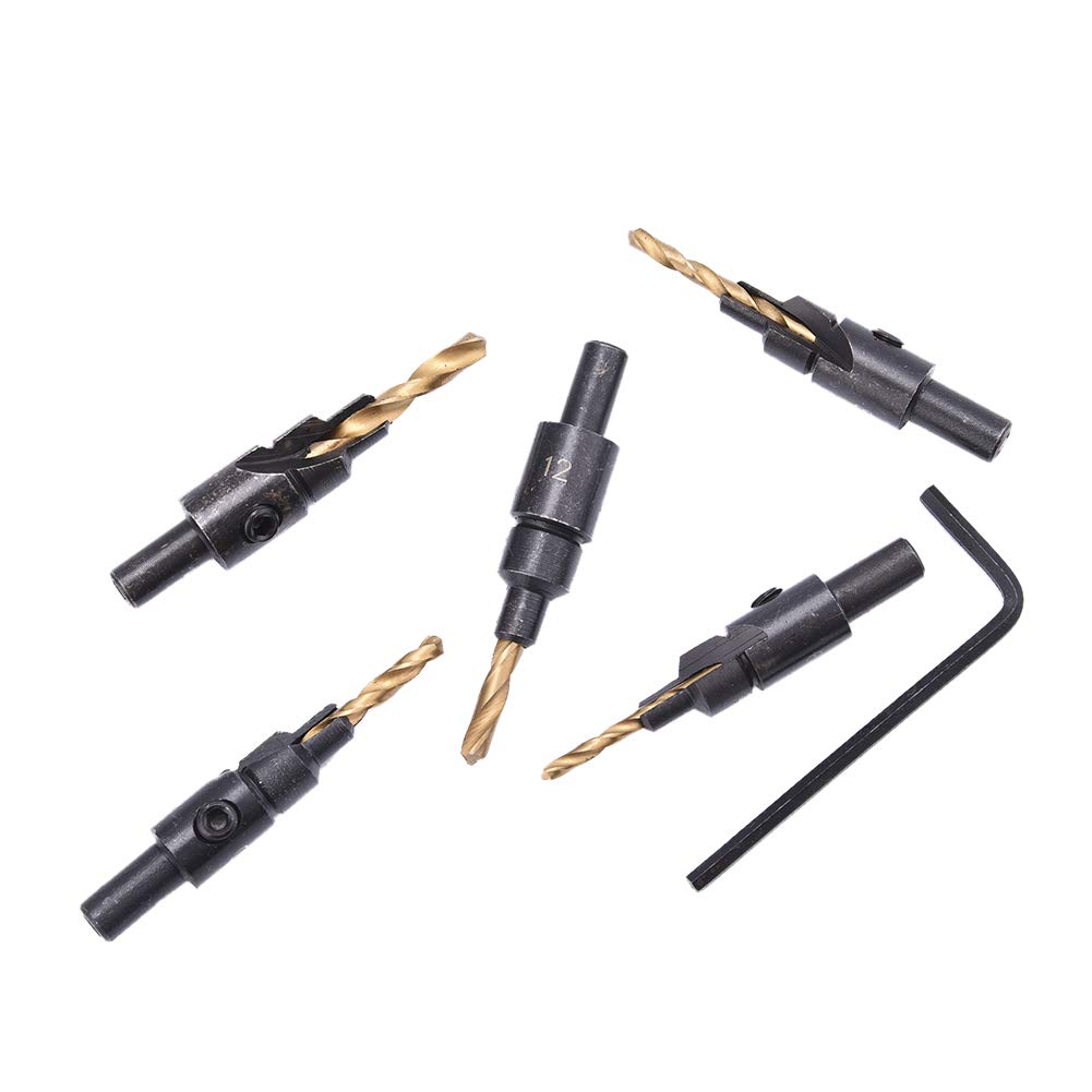 5-Piece HSS Countersink Drill Bit Set - 6#, 8#, 10#, 12#, 14# Sizes - Quick Change Woodworking Tools with Hex Wrench - Perfect for Carpentry, DIY Projects & Furniture Assembly