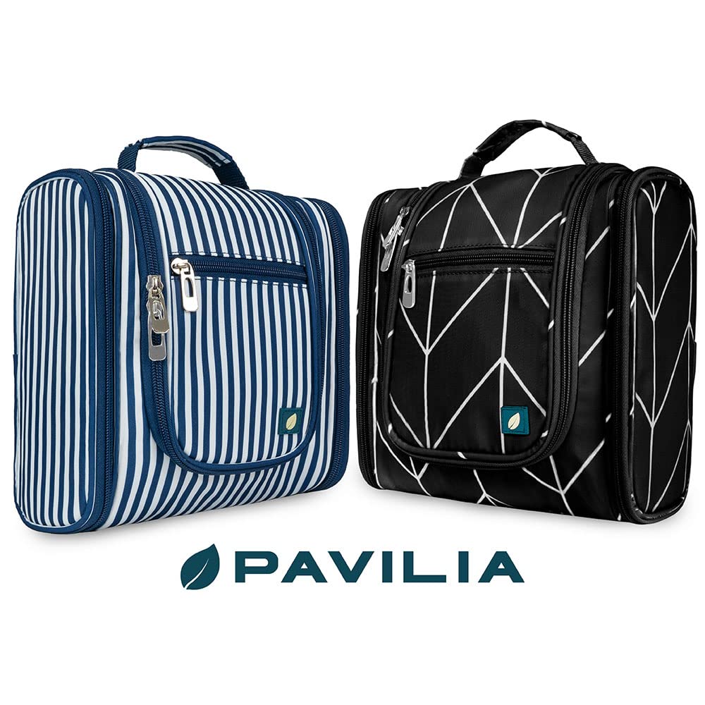 PAVILIA Hanging Toiletry Bag for Women & Men - Water Resistant Travel Cosmetic Organizer with Large Capacity - Perfect for Makeup, Toiletries & Travel Essentials (Black Chevron) | Ideal for Vacation, Business Trips & Camping
