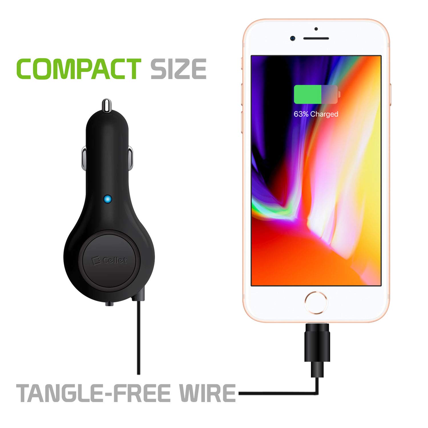 MFI Certified 10W Retractable iPhone Car Charger with Lightning Cable - Fast Charging for iPhone 14/13/12/11/X/8 & iPad - Perfect for Road Trips & Daily Commute