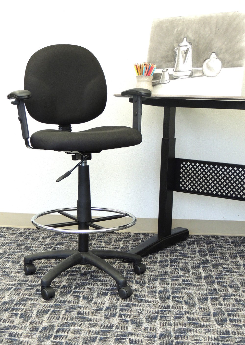 Boss Office Products B1691-BK Adjustable Height Black Fabric Drafting Stool with Arms - Ergonomic Design for Architects, Artists & Drafting Professionals - Perfect for Home Office, Studio & Workspace