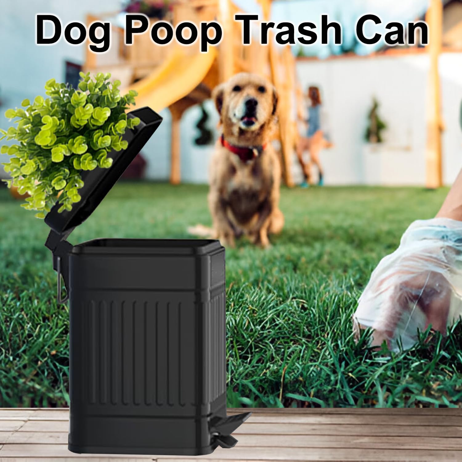 Small Bathroom Trash Can with Lid - Plant-Styled Outdoor Dog Waste Bin - Farmhouse Retro Metal Garbage Can for Office & Home - Dog Poop Container with Pedal & Soft Close - 5L/1.3 Gal Capacity - Black - Perfect for Bathrooms, Patios, Gardens & Pet Areas