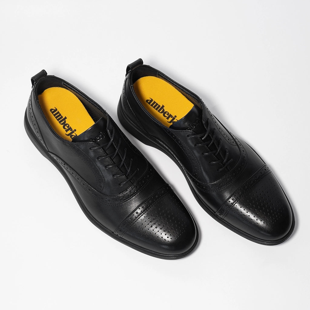 Premium Cap Toe Oxford Dress Shoes for Men - Classic Obsidian Black Leather - Perfect for Business, Weddings & Formal Events