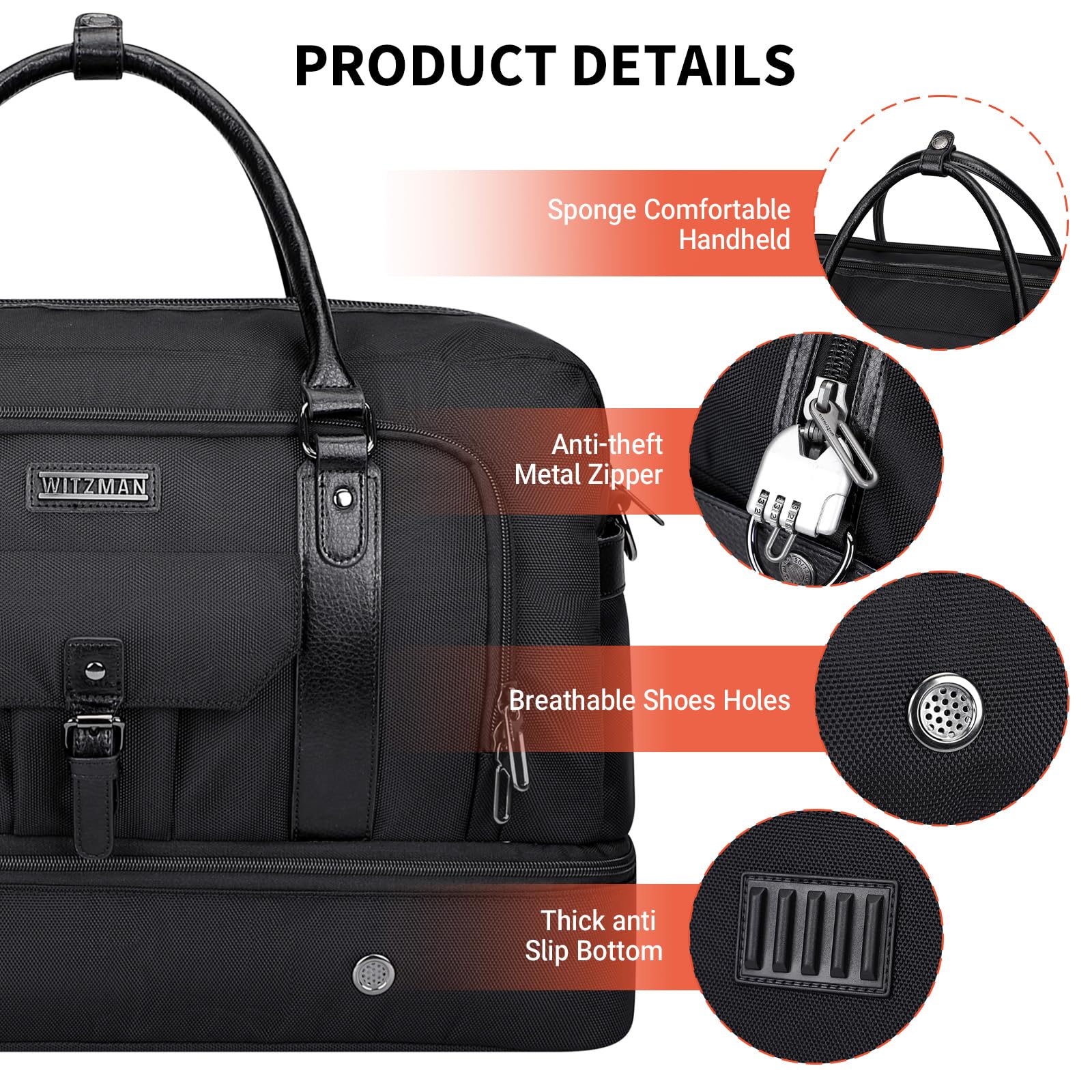 WITZMAN Weekender Travel Duffle Bag for Men & Women - Carry On Overnight Bag with Toiletry Kit & Shoe Compartment (Black B694) - Perfect for Gym, Business Trips & Weekend Getaways