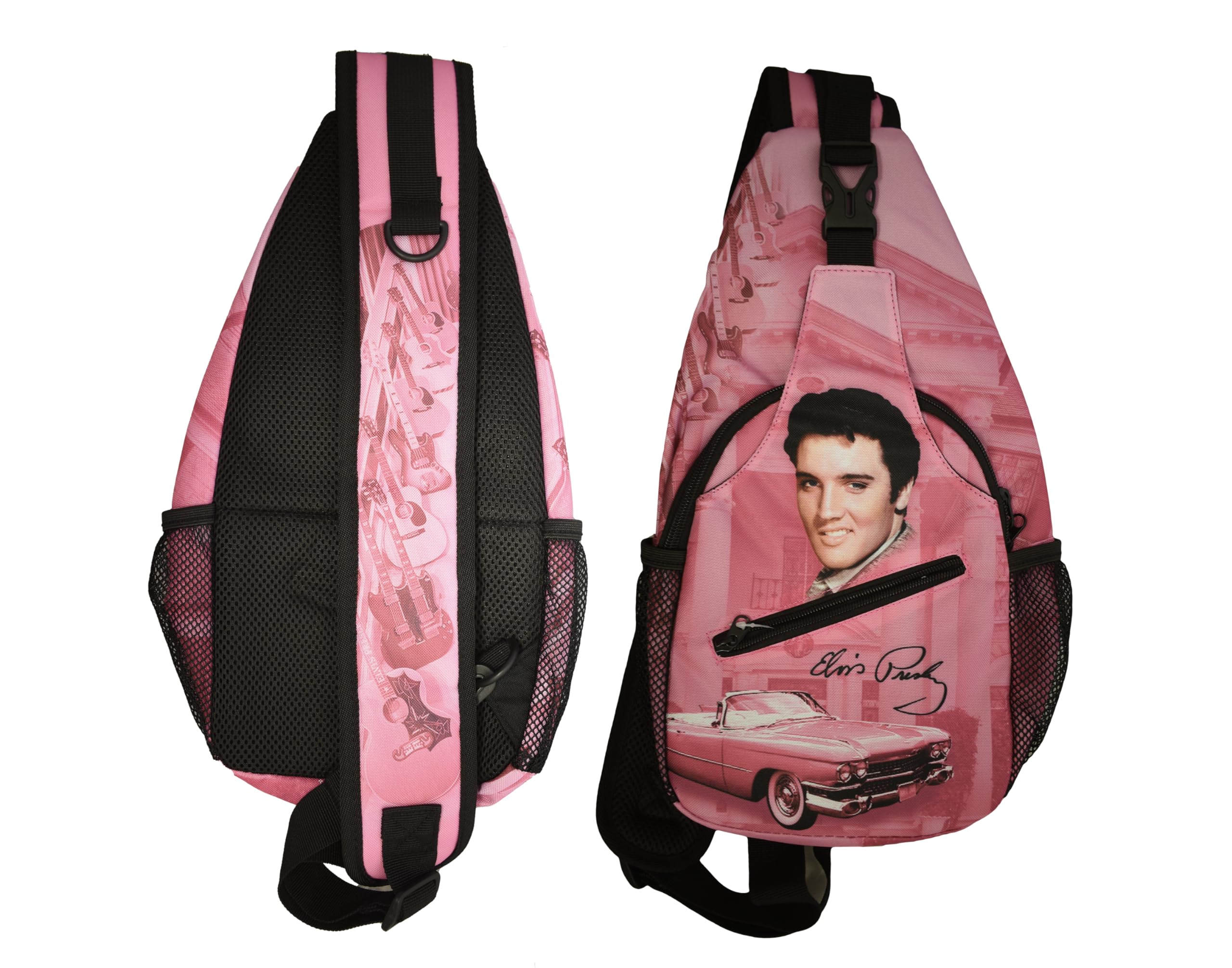 Elvis Presley Crossbody Sling Bag - Pink Retro Guitar & Graceland Mansion Design for Music Fans & Concert Goers | Perfect for Concerts, Music Festivals & Elvis Tribute Events