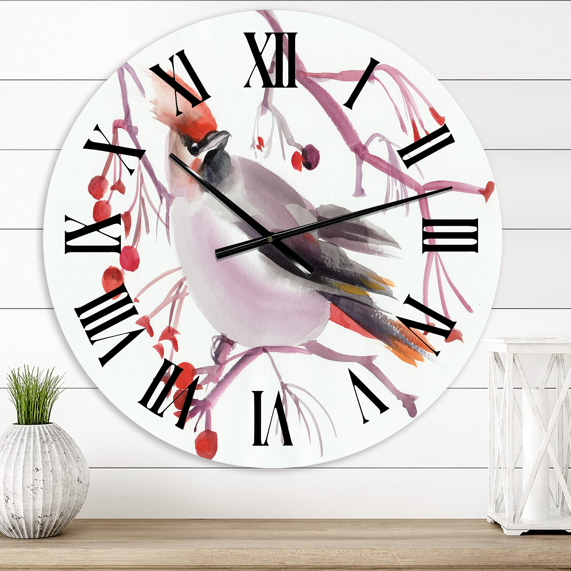 Large Traditional Wall Clock with Waxwing Bird on Branch - Vintage Animal Wall Clock for Kitchen, Living Room, Bedroom Decor | Perfect for Farmhouse, Rustic Home Décor