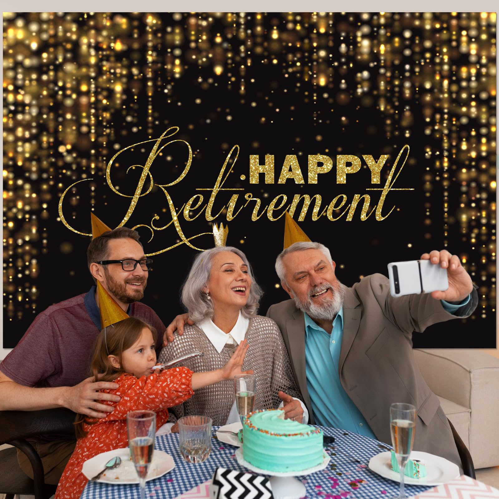 Happy Retirement Backdrop 7x5ft Black & Gold for Party Decor