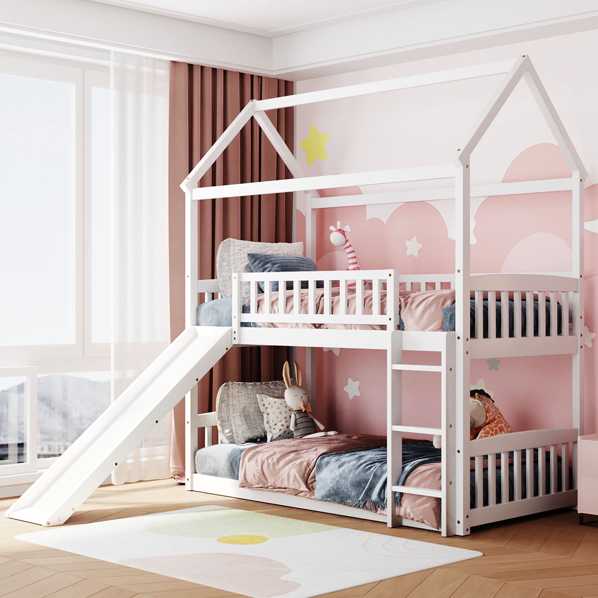 **Kids Wooden Twin Over Twin Bunk Bed with Slide - White Space-Saving Loft Bed for Boys & Girls - Perfect for Small Bedrooms, Playrooms & Shared Kids Rooms**