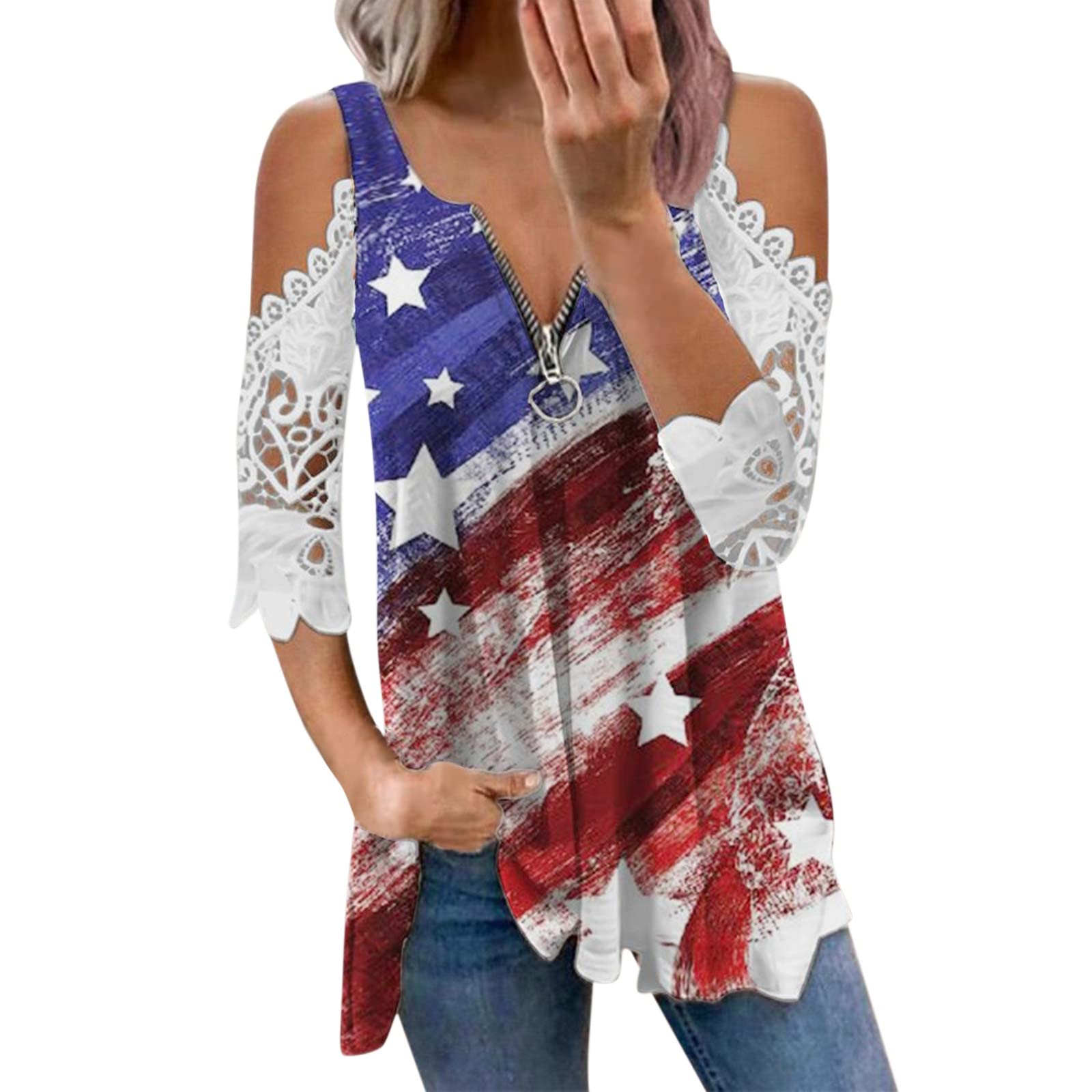 Women's Summer Graphic Print Cold Shoulder T-Shirt - Short Sleeve Zip Lace Up Casual Top (Blue, Medium) | Perfect for Beach Outings, Music Festivals & Summer Vacations