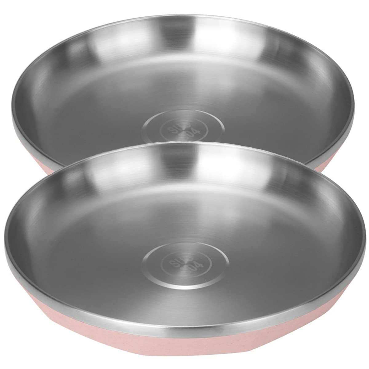 2-Pack 8.5 Inch 18/8 Stainless Steel Plates - 304 Food Grade Metal Dinner Plates for Adults, Deep Dish Camping & Picnic Serving Plates in Pink - Reusable, Dishwasher Safe - Perfect for Outdoor Adventures, BBQs & Dorm Use