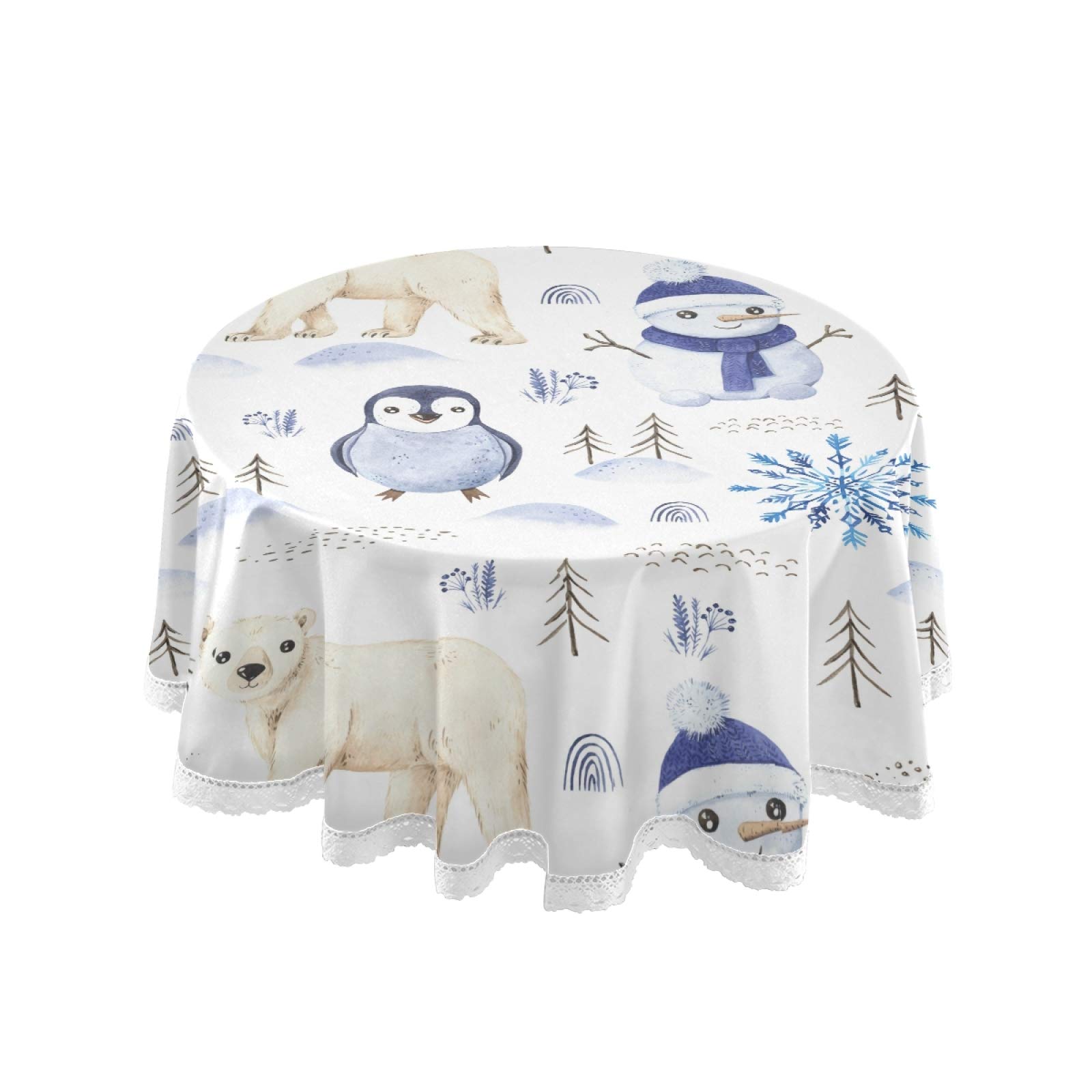 Pfrewn Winter Cute Penguin Snowman Christmas Tablecloth - 60 Inch Round Washable Polyester Dining Table Cover with Lace Trim for Holiday Decor, Home Party, Wedding & Picnic - Perfect for Festive Gatherings and Cozy Winter Celebrations