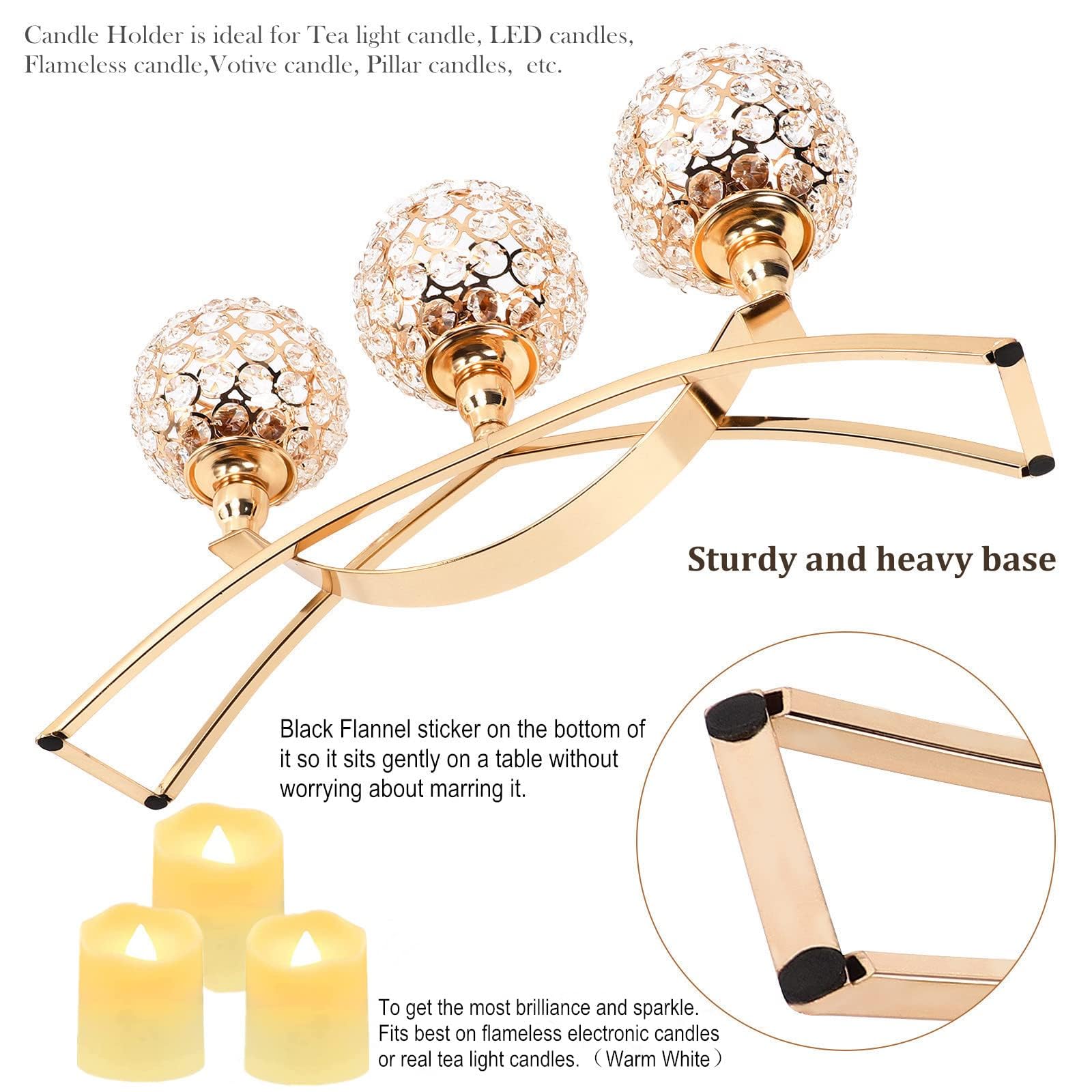 Gold Crystal Beaded 3-Arm Candelabra Candle Holder - Elegant Hurricane Tea Light Centerpiece for Wedding, Dining Table, Coffee Table Decor - Perfect Living Room & Dinner Table Decoration - Thoughtful Gift for Women, Wife, Mom - Ideal for Romantic Dinners, Holiday Decor & Special Occasions
