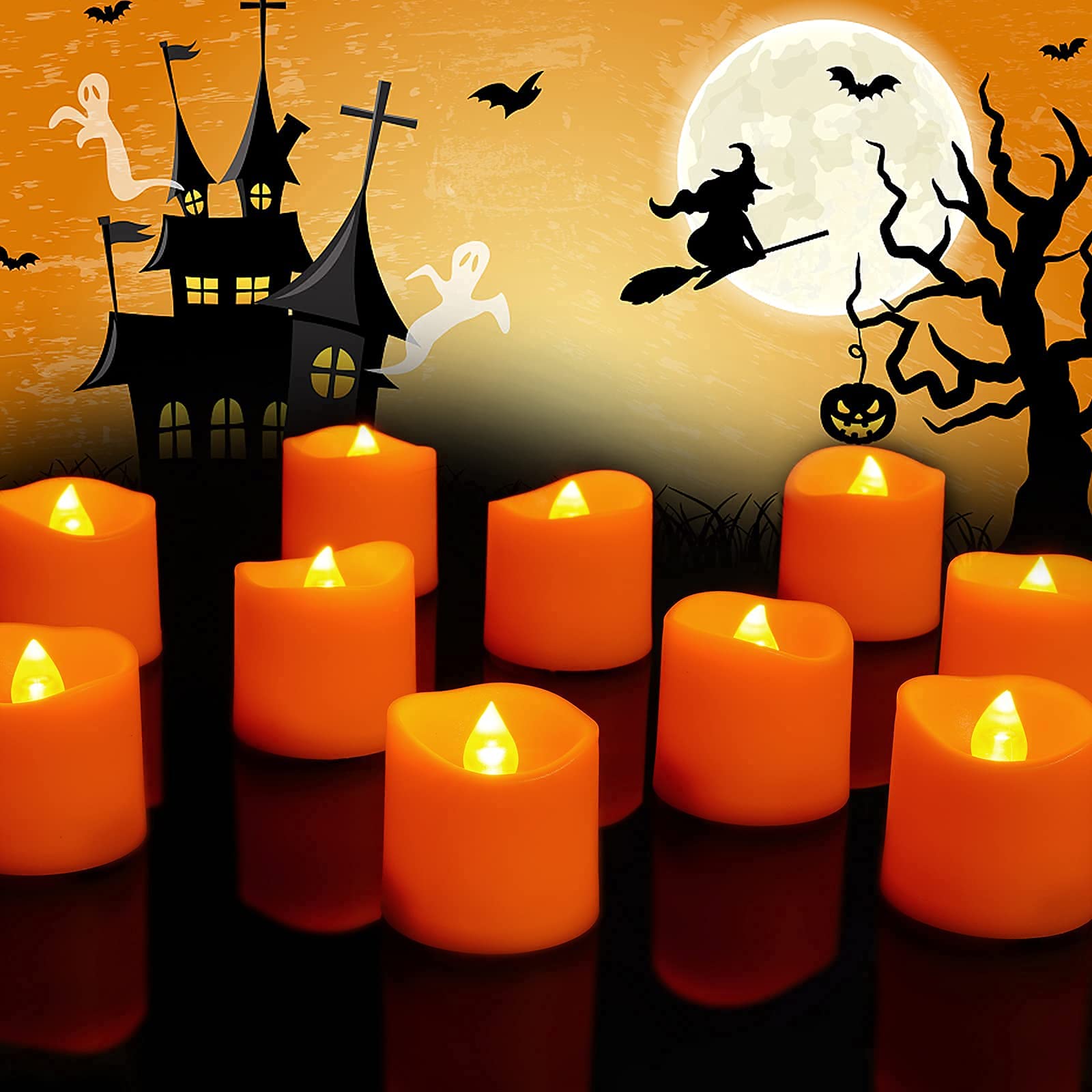 Homemory 24 Pack Orange Flameless LED Votive Candles with Timer - Battery Operated Safe Flickering Tea Lights for Wedding, Party, Home Decor & Holiday Centerpieces