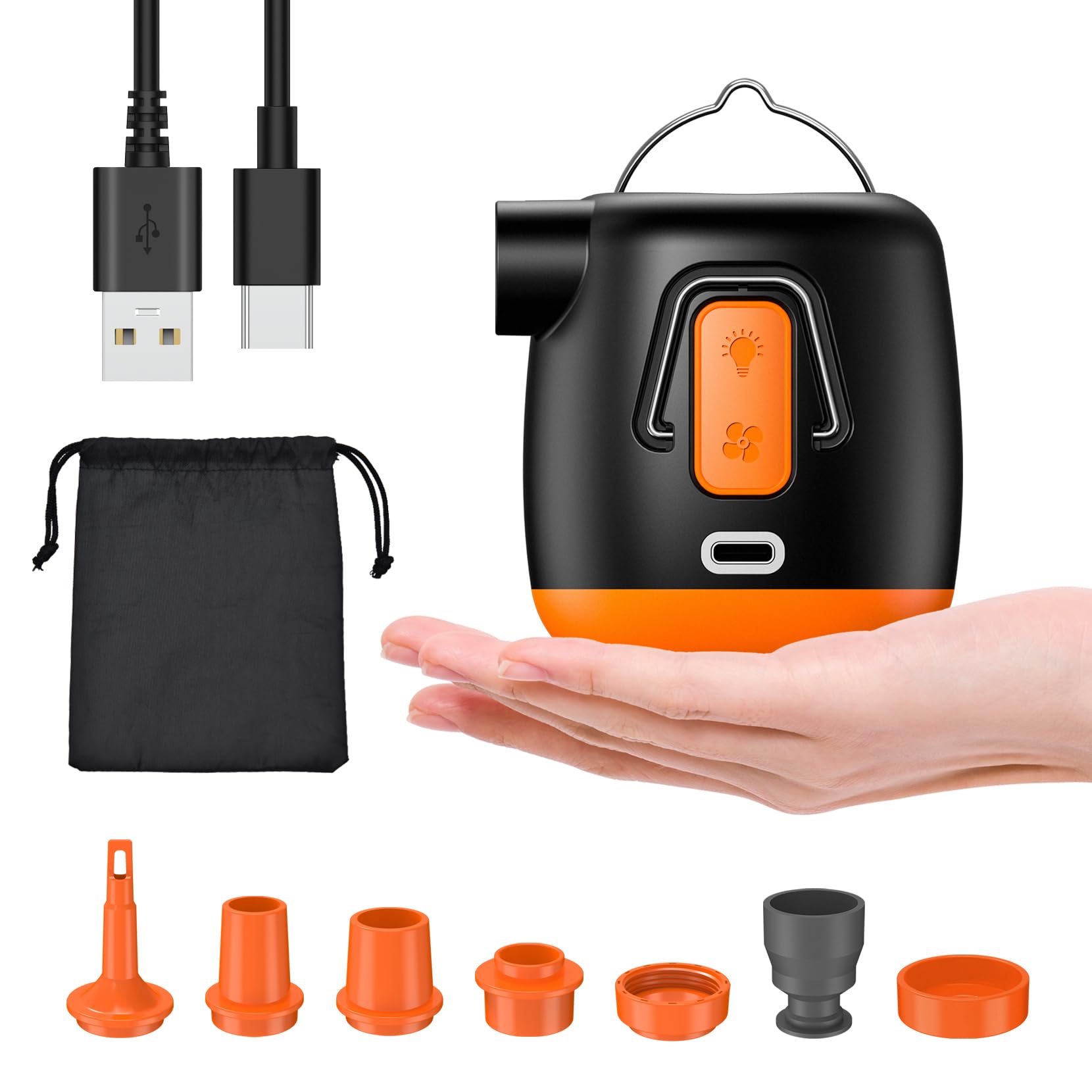 Portable Electric Air Pump for Inflatables - 3600mAh Rechargeable Battery, Fast Inflation/Deflation for Pool Floats, Air Mattress, Swimming Rings, Vacuum Bags - Compact Camping Light Included - Perfect for Travel, Beach, Camping & Home Storage
