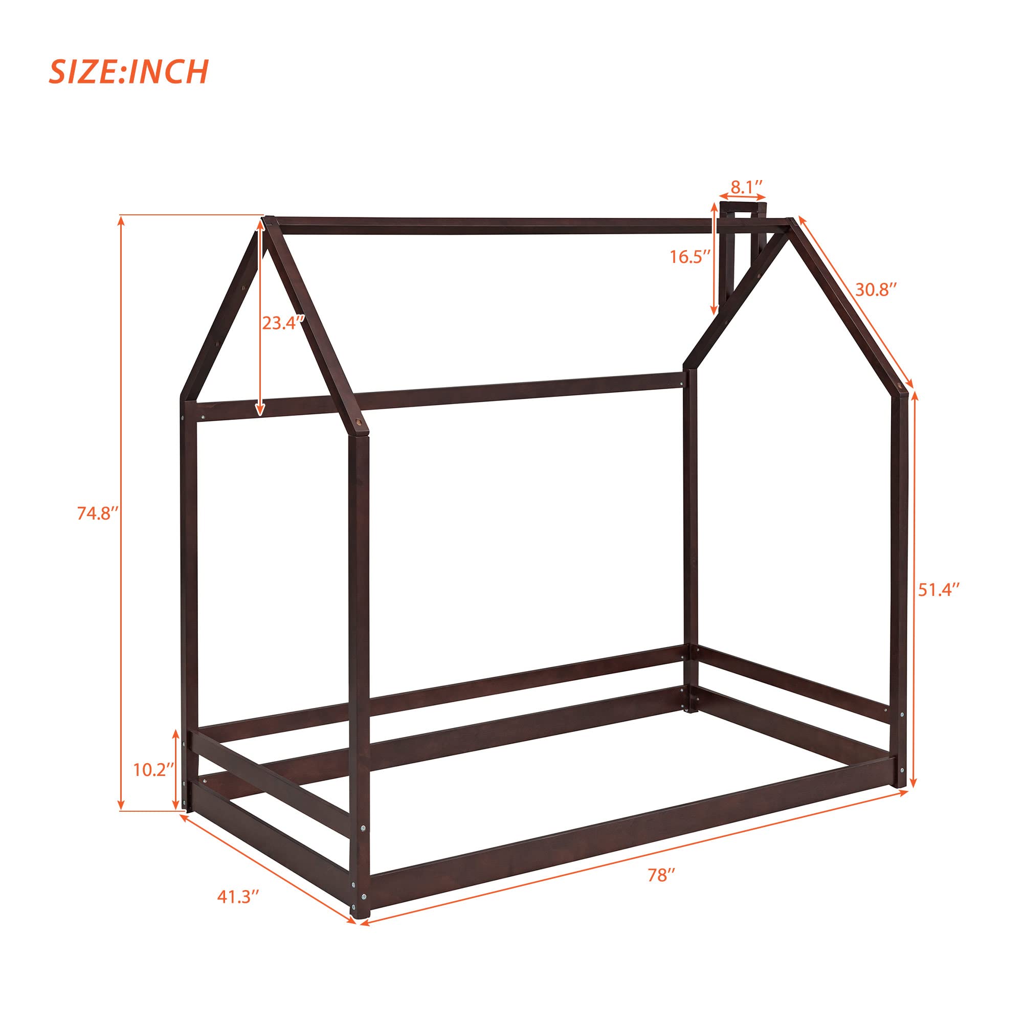 Twin Size Wooden House Bed Frame - Espresso House-Shaped Floor Bed for Teens & Adults, No Box Spring Needed - Perfect for Bedrooms, Dorms & Kids' Rooms