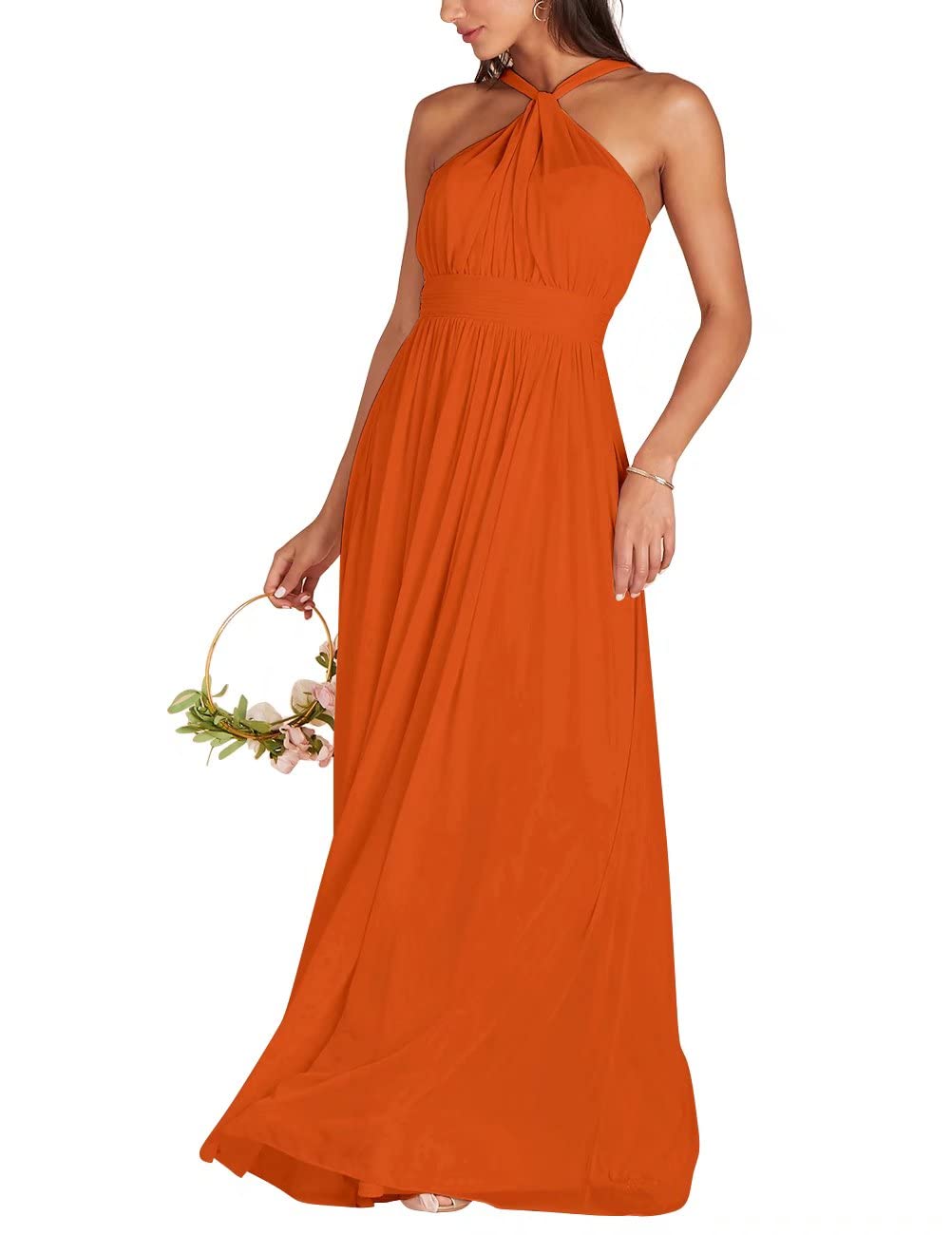 Elegant Halter Chiffon Bridesmaid Dress - Long Sleeveless Prom Gown with Pleated Detail for Women's Formal Party & Special Occasions | Perfect for Weddings, Galas, and Evening Events