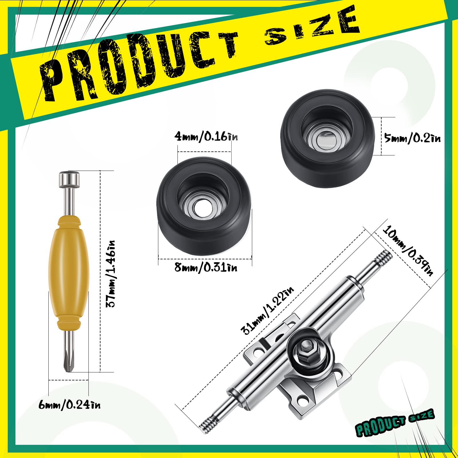 8-Piece Fingerboard Bearing Wheels Set - CNC Lathed Standard Wheels with Screwdriver & 2 Nut Drivers for 34mm Wide Decks - Perfect for Finger Skateboard Trucks & DIY Mini Skateboard Maintenance (Black)