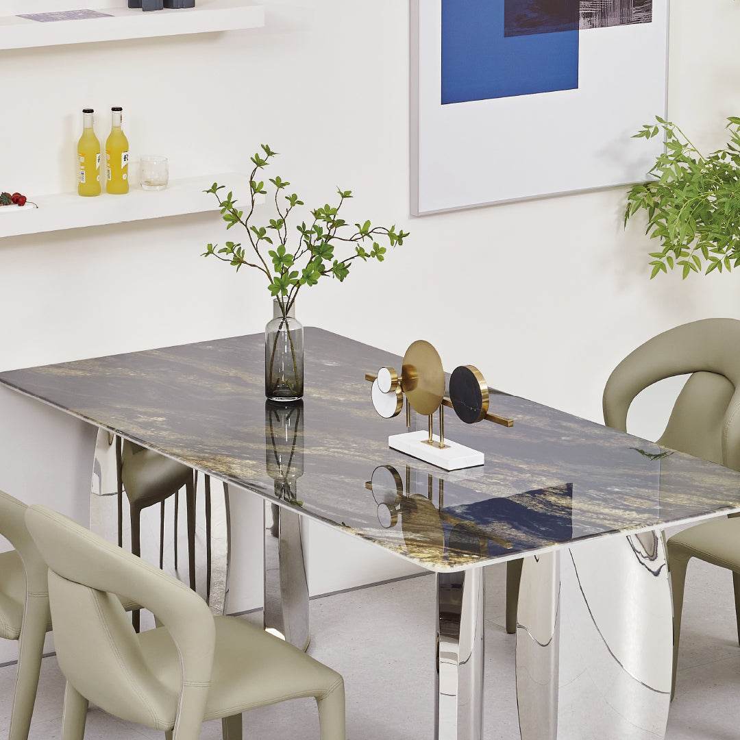 Premium Glossy Sintered Stone Dining Table - 63/71/79 Inch (160/180/200cm) - Modern Waterproof & Heat-Resistant Kitchen Table for Dining Room, Restaurant, or Outdoor Patio