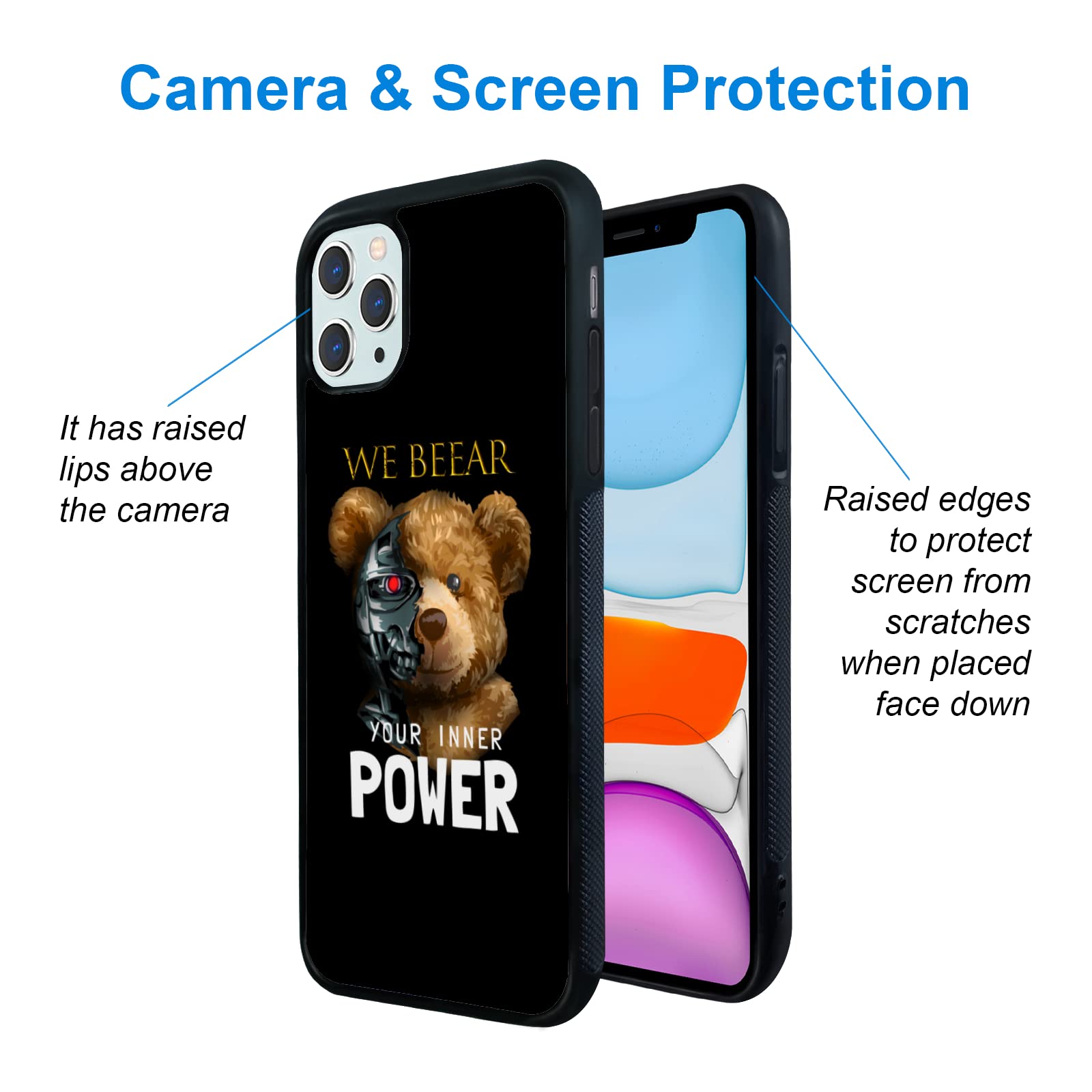 FANXI Shockproof Cute Bear Phone Case for iPhone 11 Pro Max 6.5 Inch - Protective Cover for Men, Women, Boys & Girls - Durable Case for Teens & Adults (Black) - Perfect for Everyday Use, School & Outdoor Activities