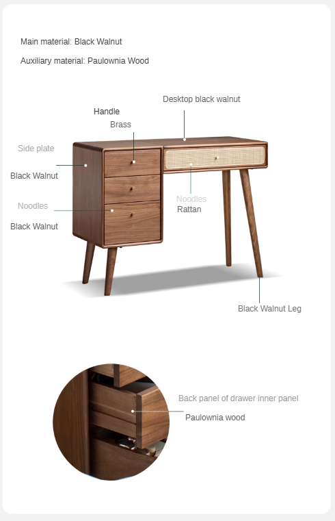 Premium Black Walnut Solid Wood Rattan Vanity Dressing Table - Elegant Makeup Desk with Mirror for Bedroom, Bathroom & Boudoir Organization