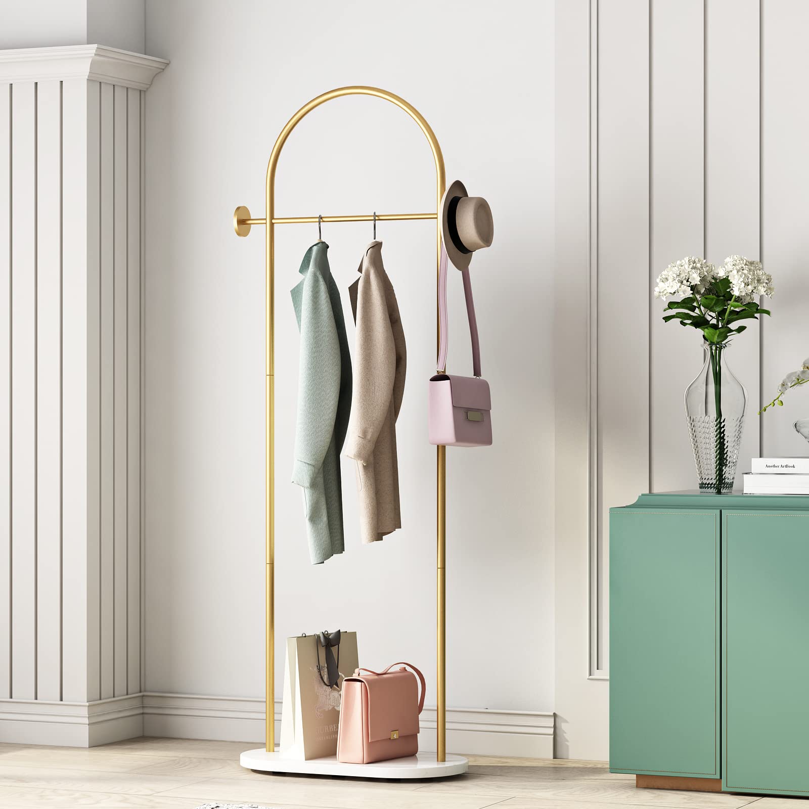 DR.IRON Modern Gold Freestanding Clothes Rack with Shelves - Heavy Duty Coat Hanger Stand with Marble Base & Umbrella Holder for Entryway, Hallway, Office or Bedroom - Perfect for Organizing Jackets, Hats & Accessories in Small Spaces