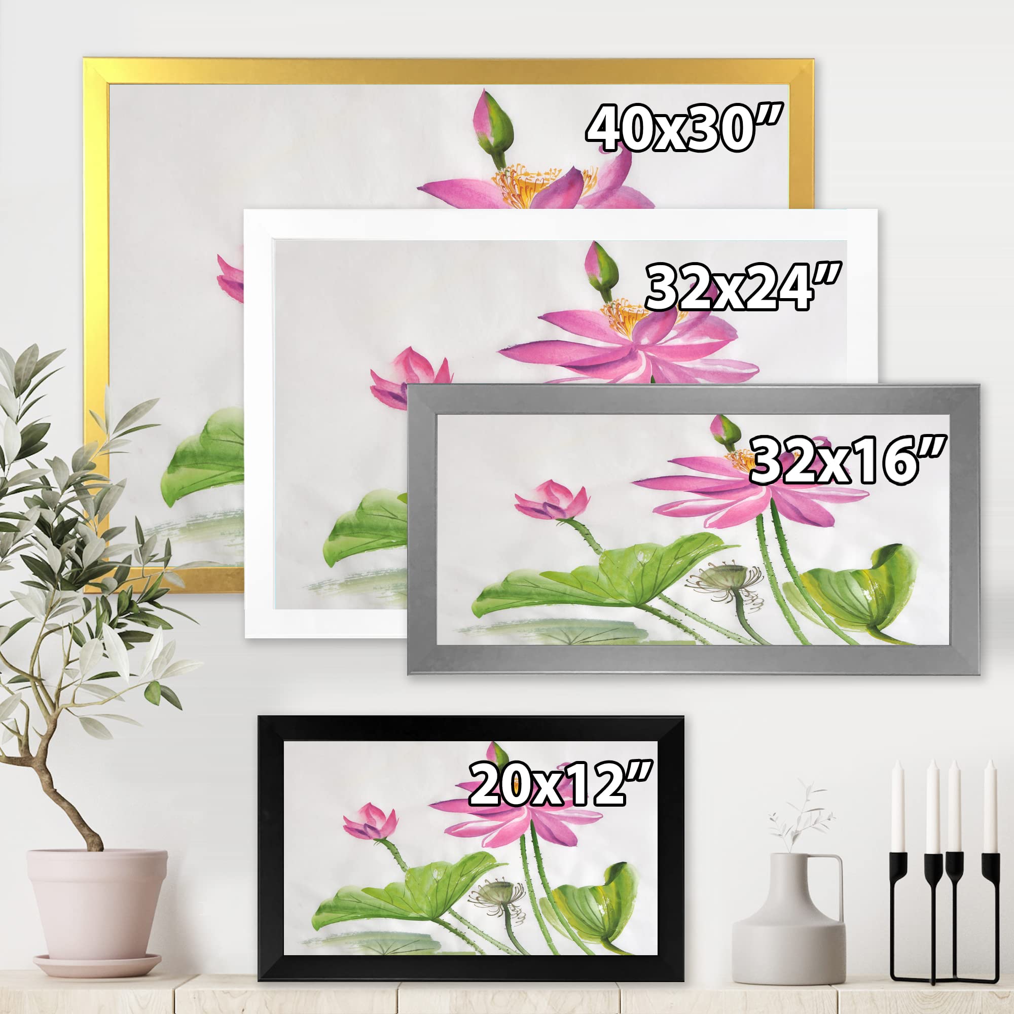 DesignQ Traditional Framed Wall Art - Two Pink Lotus Flowers Painting, Asian Home Decor for Living Room, Bedroom & Office
