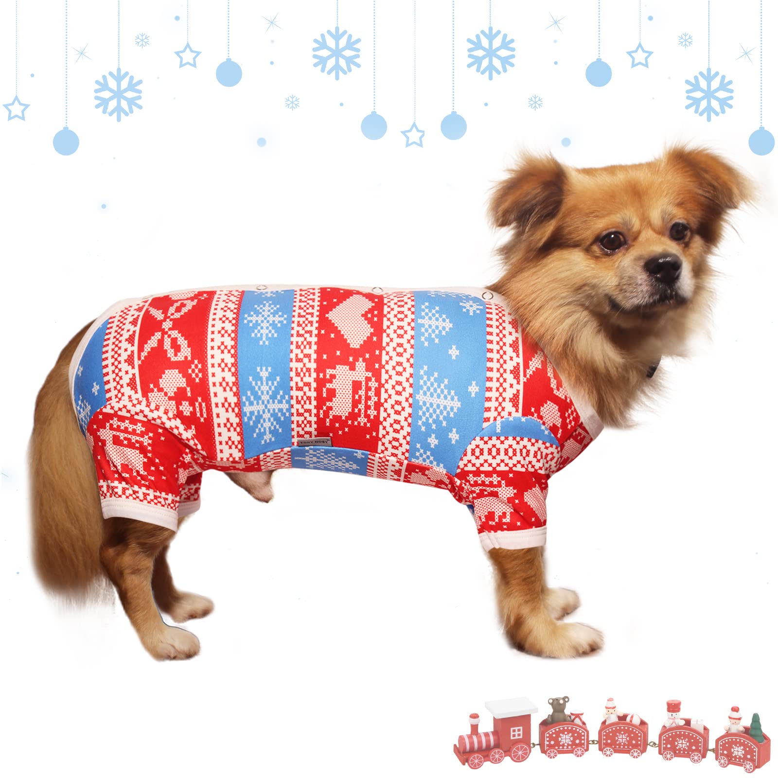 TONY HOBY Dog Pajamas - Warm Snoeflake Pattern Dog Jumpsuit for Small & Medium Dogs - Cozy Winter Dog Shirts for Puppies (Red & White, Boy, XS) - Perfect for Indoor Sleeping & Cold Weather Outings