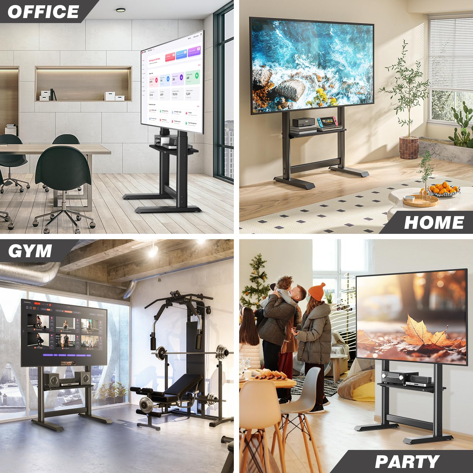 Heavy Duty Universal TV Floor Stand for 55-100 Inch TVs up to 150 lbs - Adjustable Height Tall TV Stand with Mount & Large Storage Shelf - Perfect for Living Room, Bedroom, Home Theater - Black