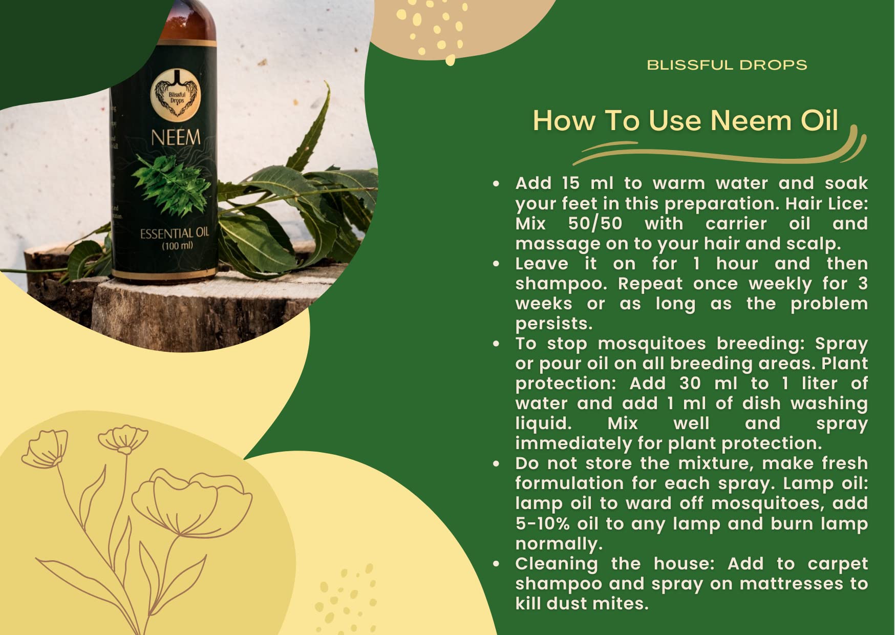 Organic Blissful Drops Neem Oil for Skin & Hair Care - Natural Treatment for Acne, Dandruff & Plant Protection - Perfect for DIY Beauty & Organic Gardening