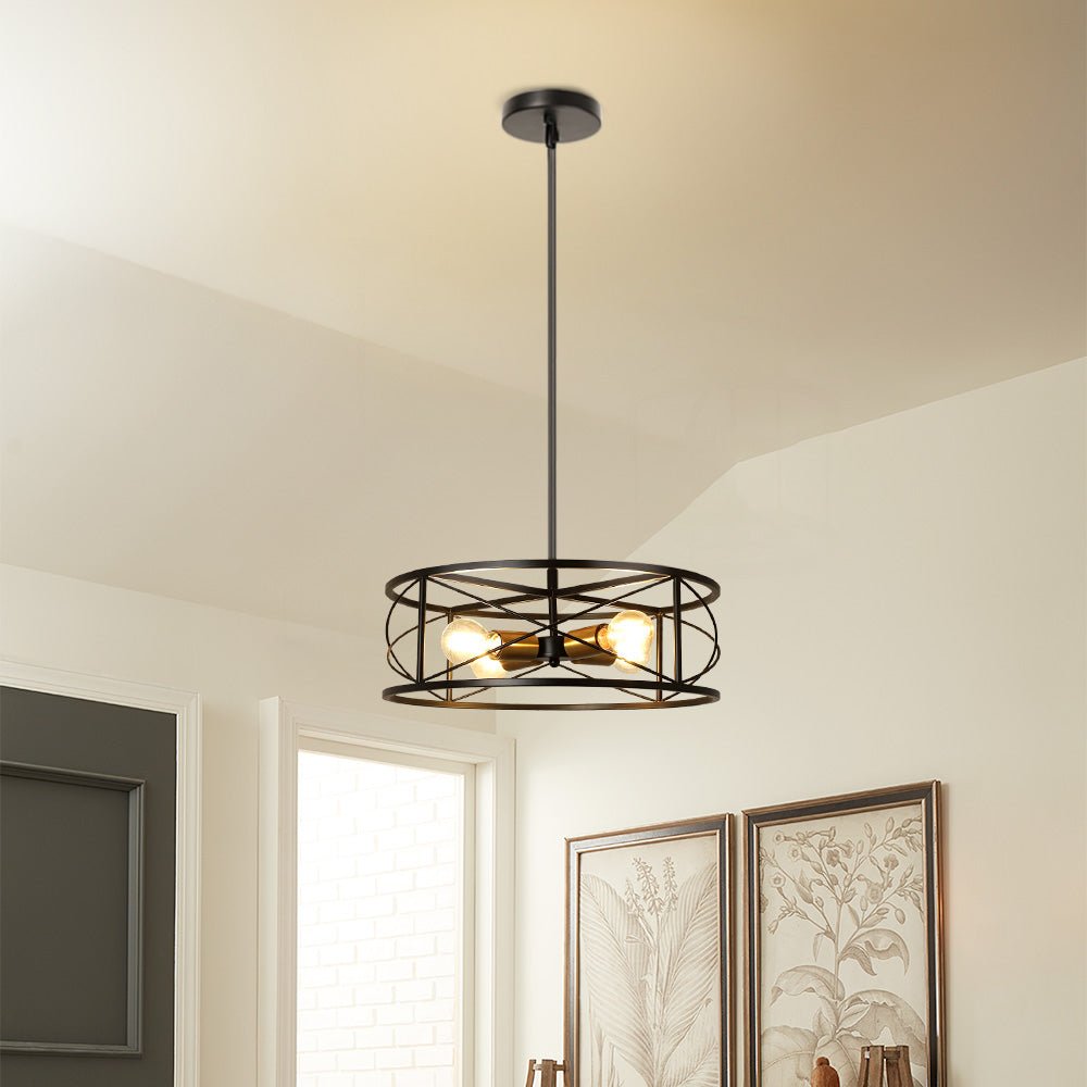 DLLT 4-Light Black Round Pendant Lighting Fixture - 18 Inch Industrial Metal Drum Cage Chandelier - Farmhouse Hanging Light for Dining Room Kitchen Living Room Bedroom Hallway - Perfect for Rustic Home Decor & Modern Interior Design