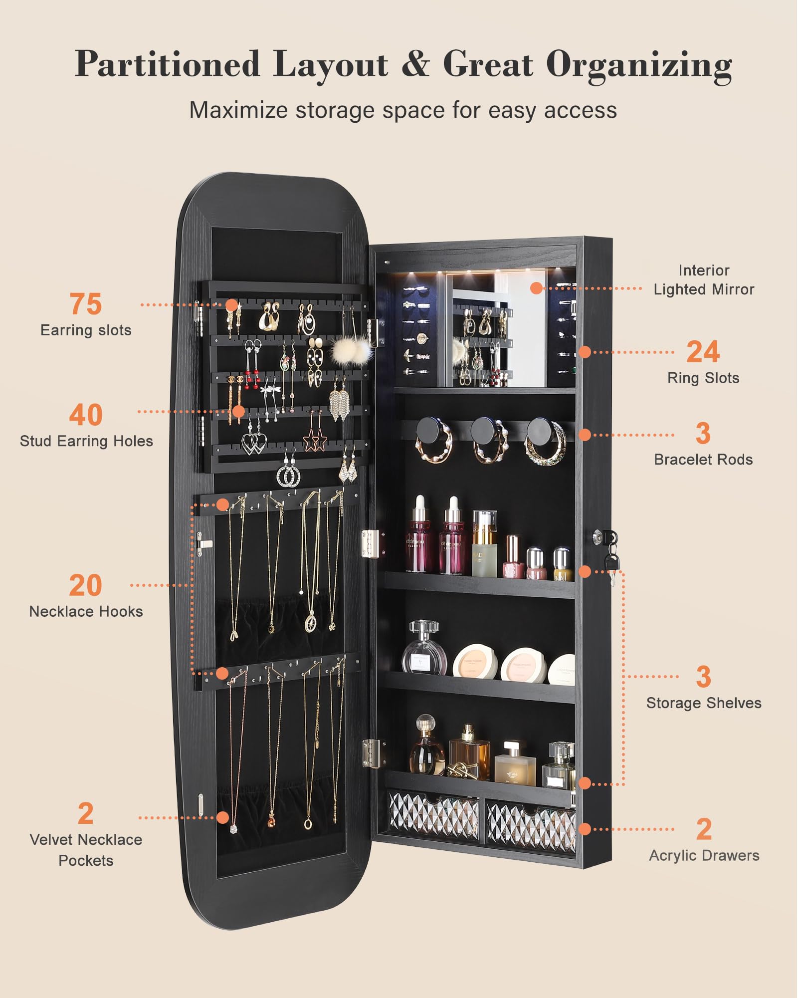 Nicetree LED Jewelry Cabinet with Lockable Mirror - Wall Mounted Jewelry Organizer with 2 Drawers & Storage Space - Black Rounded Armoire for Necklace, Ring & Earring Organization - Perfect for Bedroom, Closet or Dressing Room