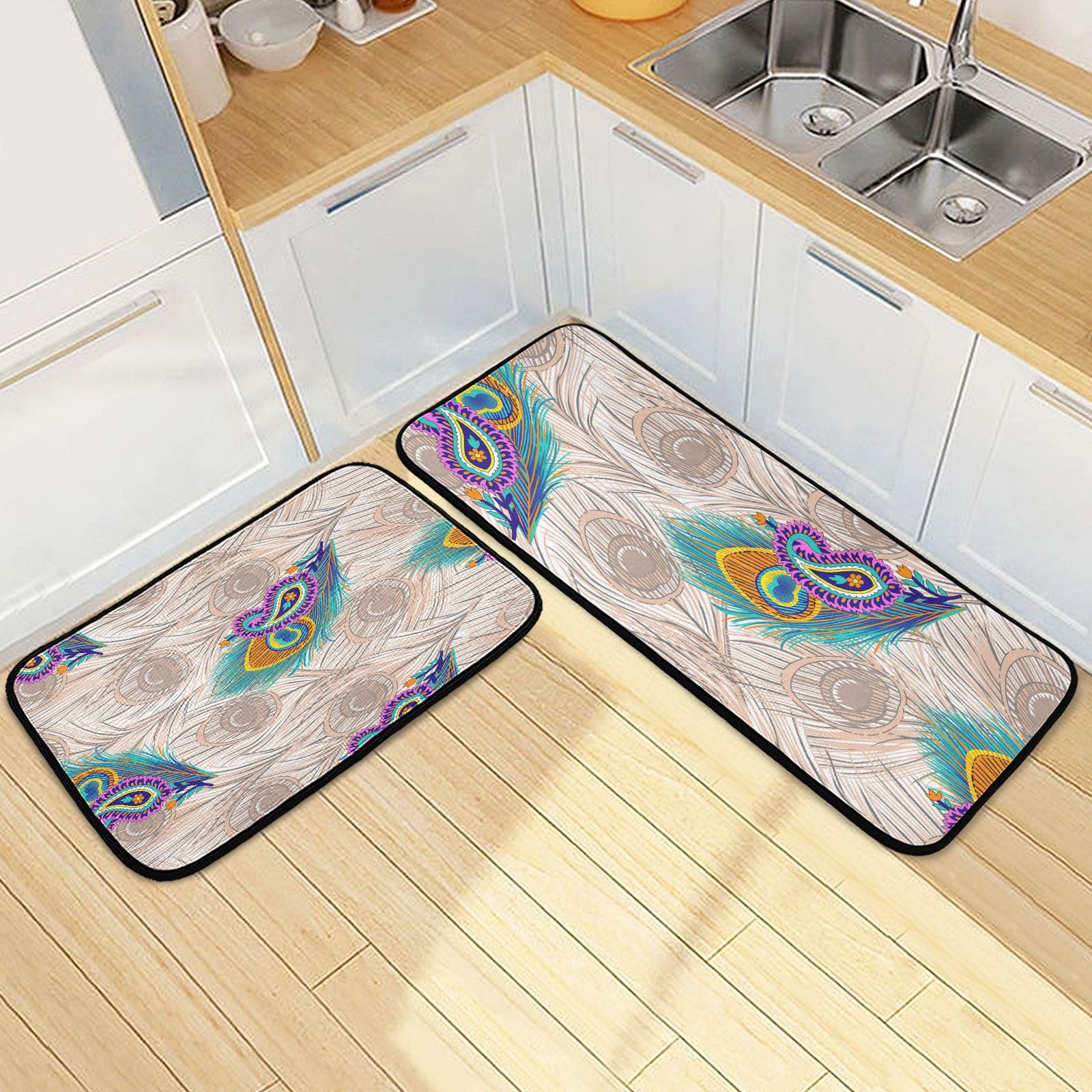 Peacock Feather Pattern Non-Slip Kitchen Rugs Set of 2 - Waterproof Kitchen Runner Mats for Comfortable Standing - Perfect for Home, Office, Laundry Room & Kitchen Decor