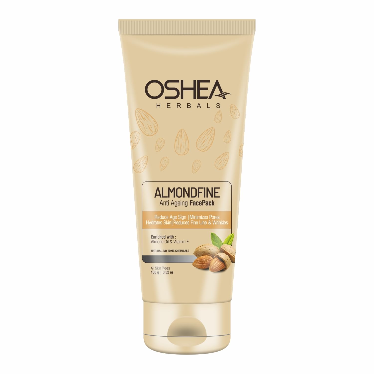 Oshea Herbals Almondfine Anti-Aging Face Pack for All Skin Types | Reduces Fine Lines & Wrinkles, Minimizes Pores & Hydrates Skin | Enriched with Almond Oil & Vitamin E - 100g | Perfect for Daily Skincare Routine & Spa Night