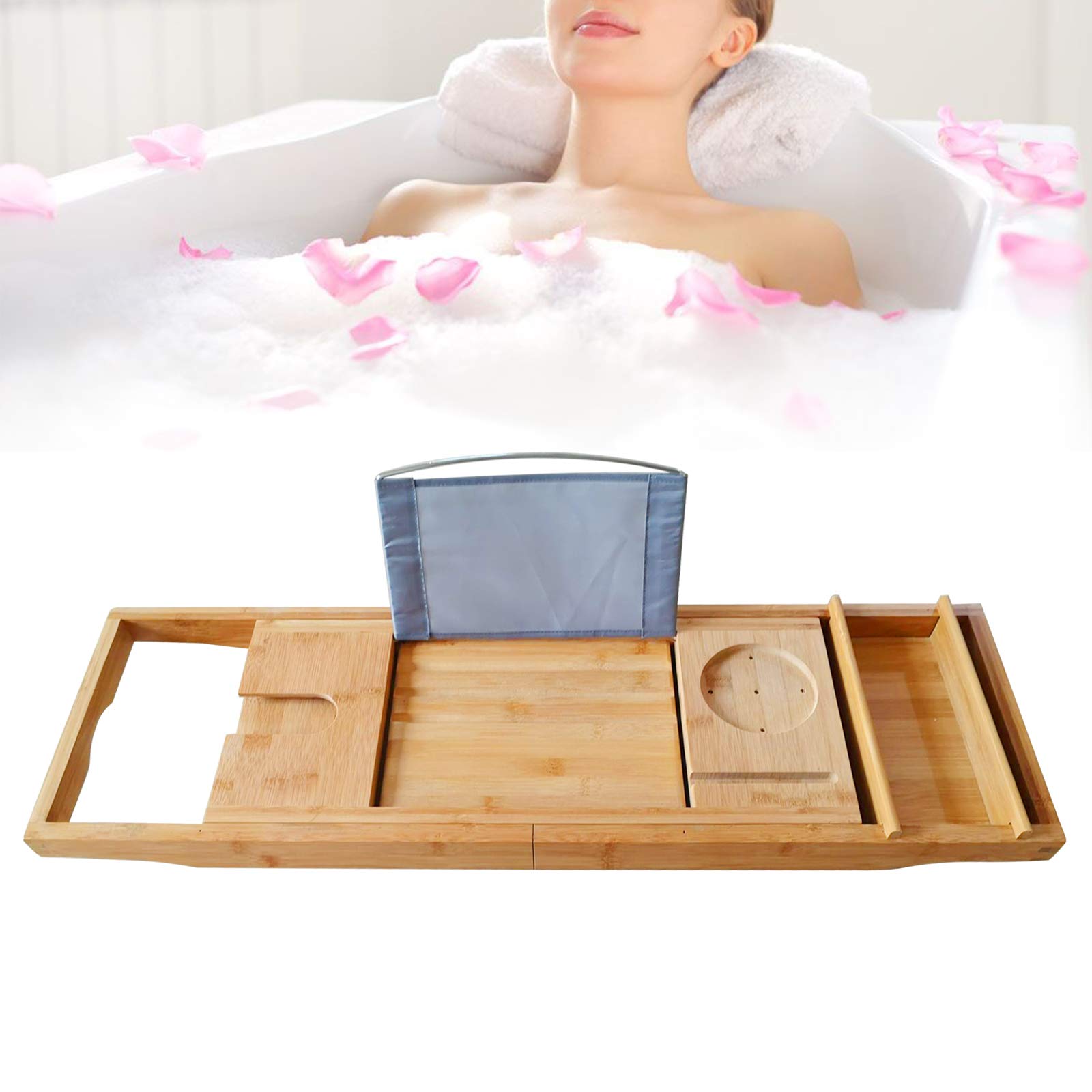 TBVECHI Bamboo Bathtub Tray with Tablet Holder - Retractable Bath Shelf for Spa Relaxation, Reading & Wine - Waterproof Bamboo Bathtub Caddy for Bathroom Storage & Organization