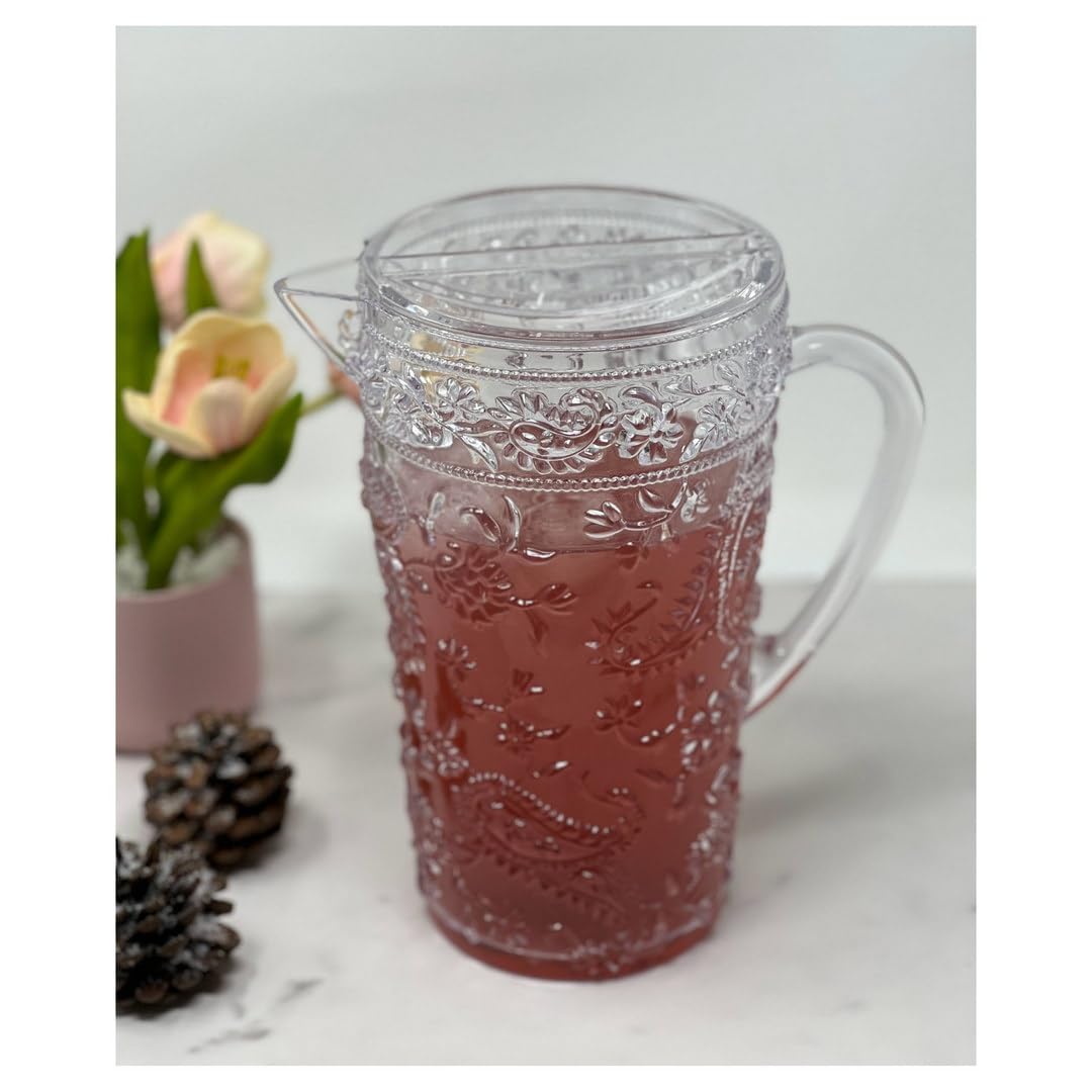 2.5 Quart BPA-Free Plastic Water Pitcher with Lid & Spout - Unbreakable Paisley Design for Juice, Iced Tea & Lemonade - Perfect for Parties, Picnics & Refrigerator Storage