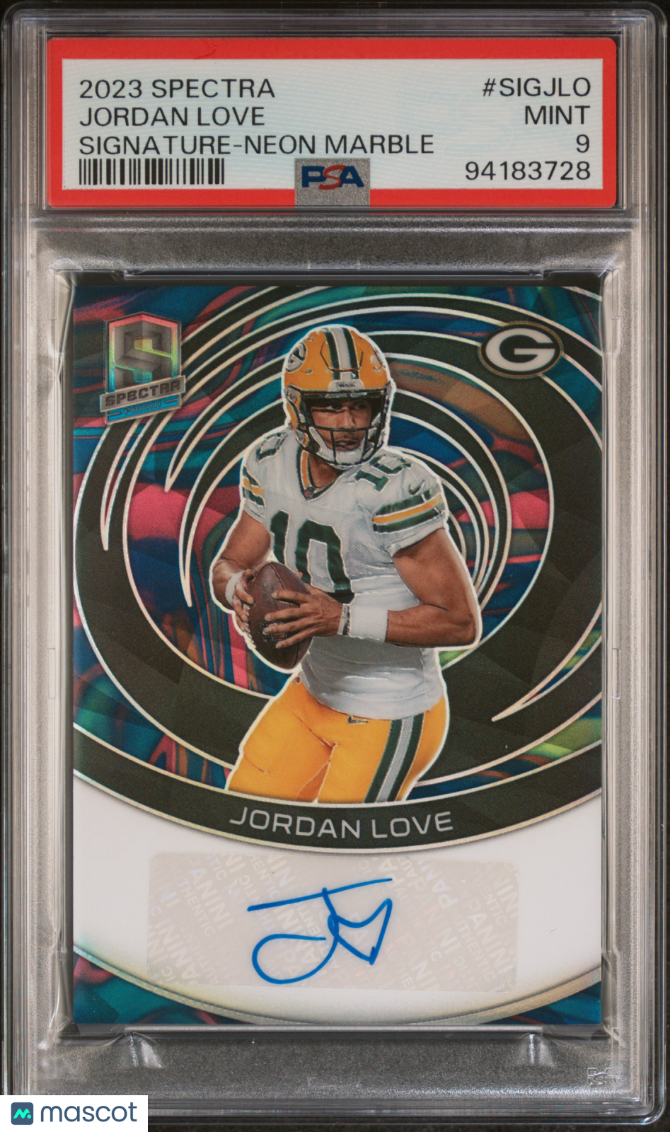 2023 Spectra Signatures Auto Jordan Love Signature Neon Marble /4 SIGJLO PSA 9 - Rare Football Trading Card for Collectors & Fans - Perfect for Display, Investment & Fantasy Sports