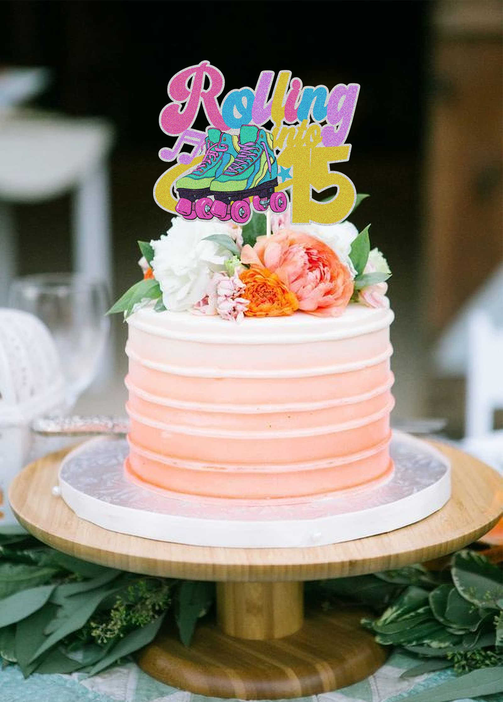 Retro Roller Skate Happy 15th Birthday Cake Topper - Rainbow Glitter Sweet 15 Cake Decorations - Perfect for 15th Birthday Parties, Quinceañeras & Retro Theme Celebrations