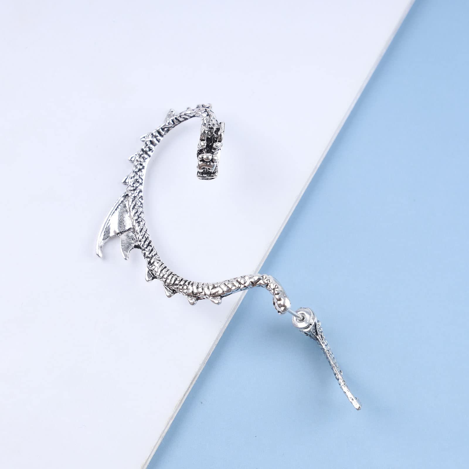Vintage Dragon Ear Cuff Wrap Earrings - Silver Dragon Climber & Cartilage Ear Clip Jewelry for Women & Girls | Gothic Fantasy Costume, Cosplay, Festival & Everyday Wear