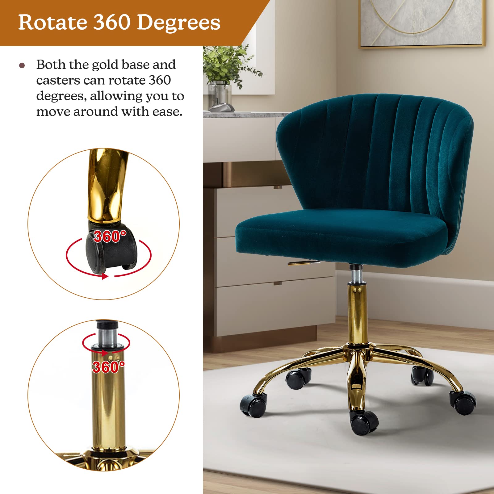 TINA'S HOME Modern Velvet Office Chair with Wheels - Adjustable Low Back Swivel Rolling Task Chair, Gold Base Armless Desk Chair for Home Office, Living Room, Vanity & Study (Teal Blue) | Ergonomic Comfort for Work & Relaxation