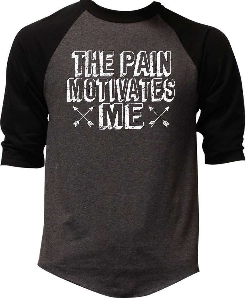 Men's Motivational Pain Raglan Baseball Tee - Charcoal/Black - Gym Workout & Casual Wear T-Shirt