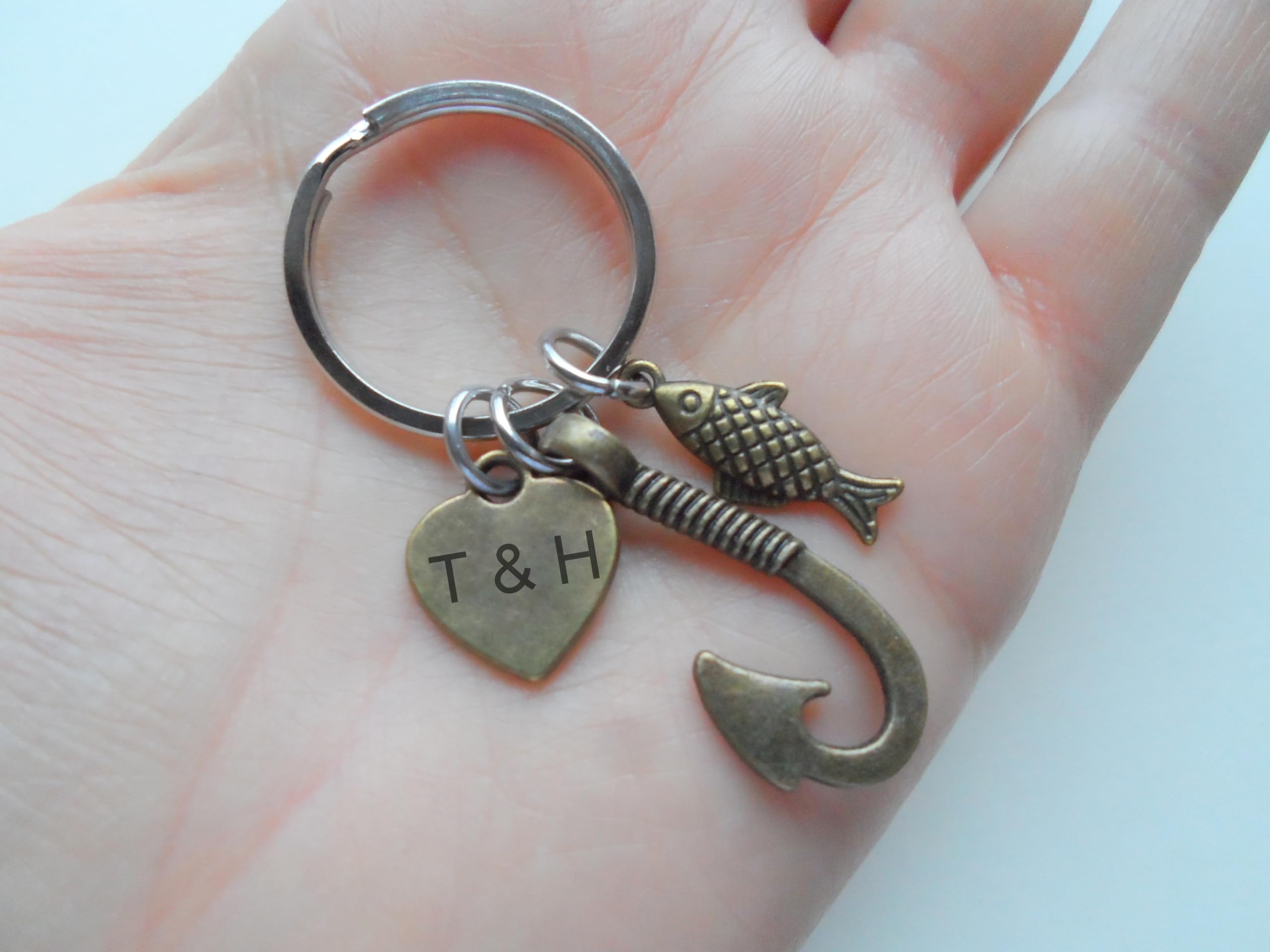 Personalized Bronze Fish Hook & Tiny Fish Charm Keychain - Custom Initials for Couples, Best Friends - Hand Stamped Anniversary Gift - Perfect for Valentine's Day, Wedding, Birthday & Friendship Gifts