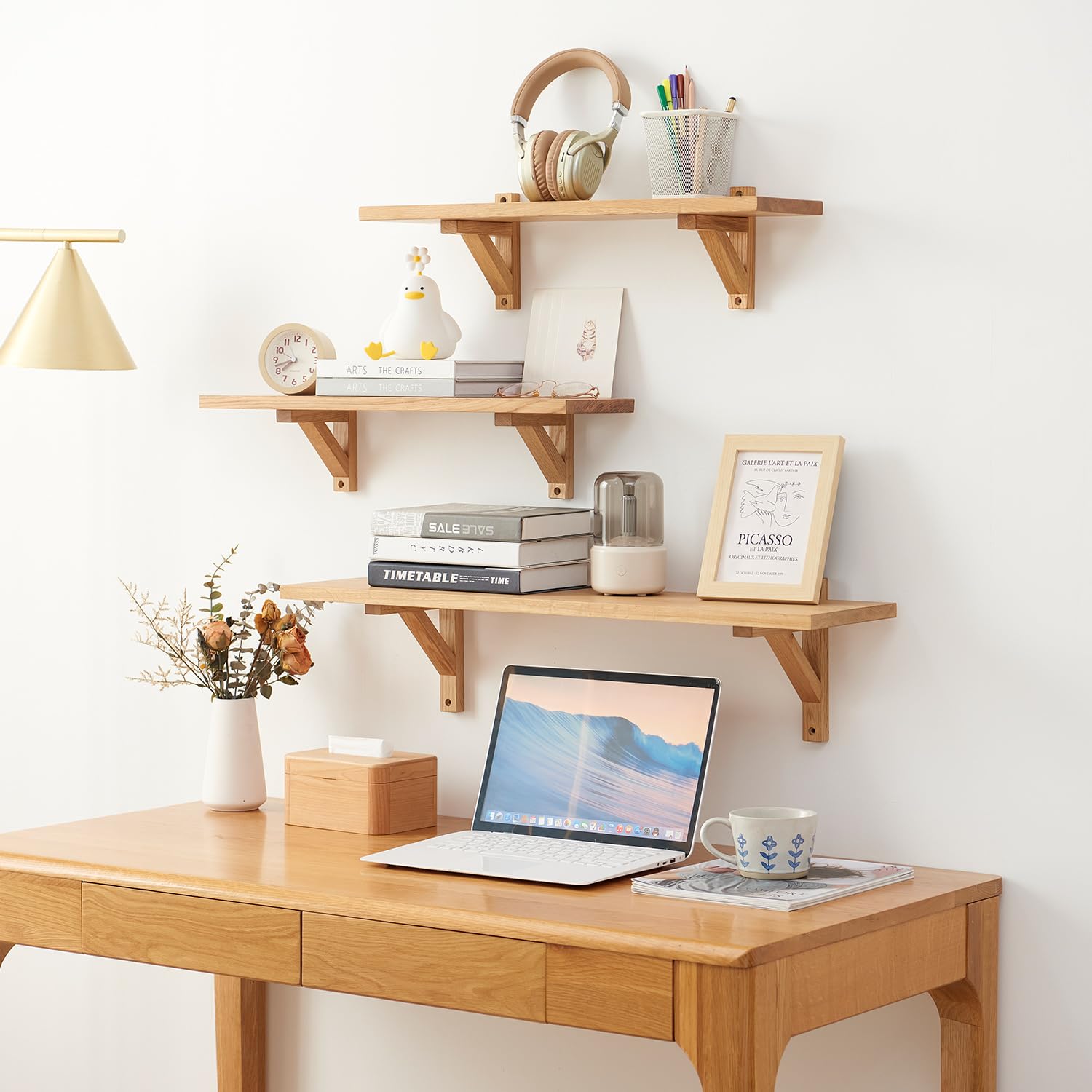32 Inch Oak Floating Shelves - Natural Wood Wall Mounted Shelf with Brackets for Bedroom, Living Room, Bathroom, Kitchen & Office - Rustic Wall Storage Shelves for Home Decor and Organization
