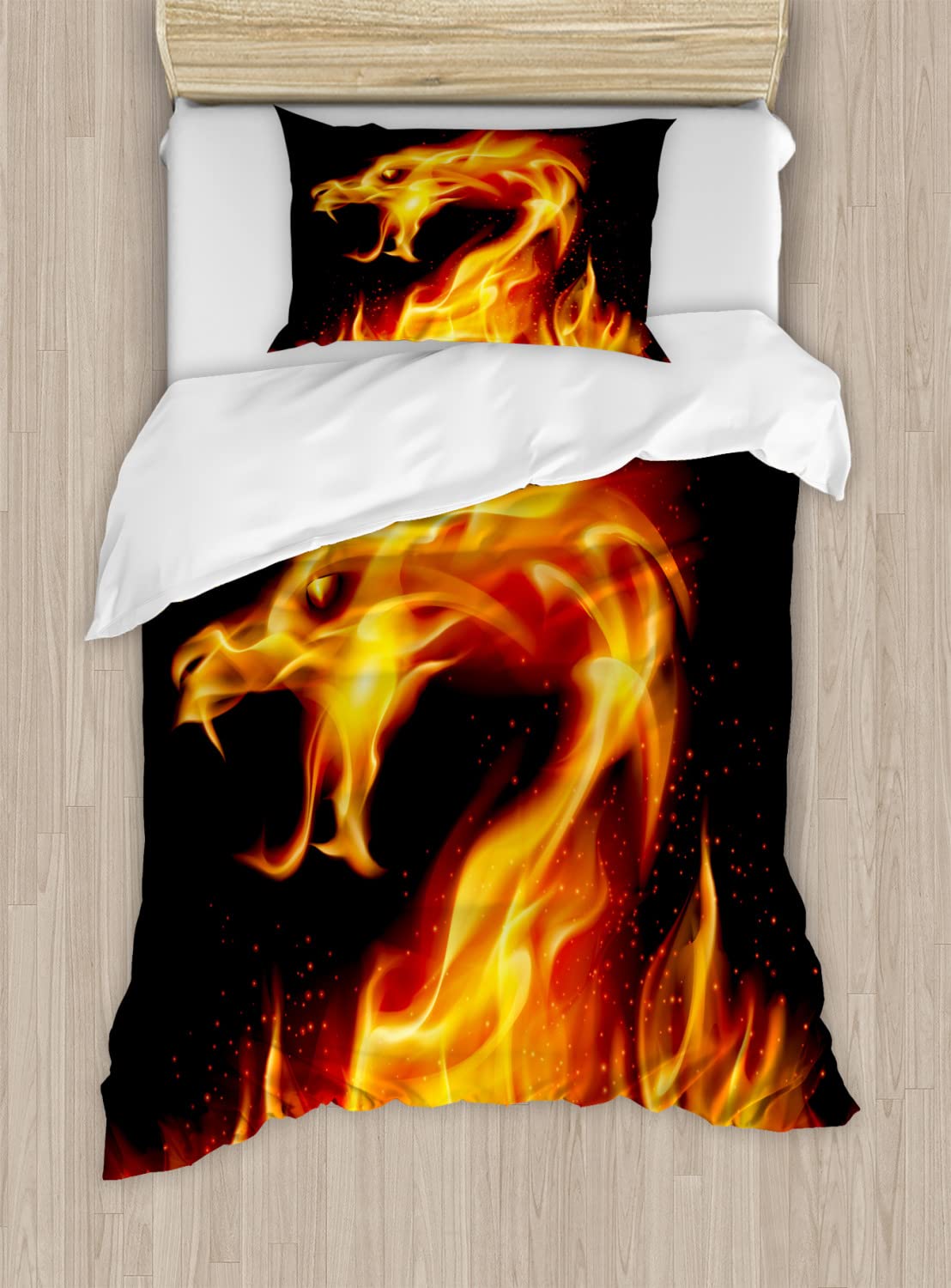 Ambesonne Dragon Duvet Cover Set - Abstract Fiery Creature Design on Black Background, 2-Pack California King Size Bedding Set with 2 Duvet Covers & 4 Pillowcases in Orange & Black - Perfect for Fantasy Themed Bedrooms, Game Rooms, and Dragon Lovers