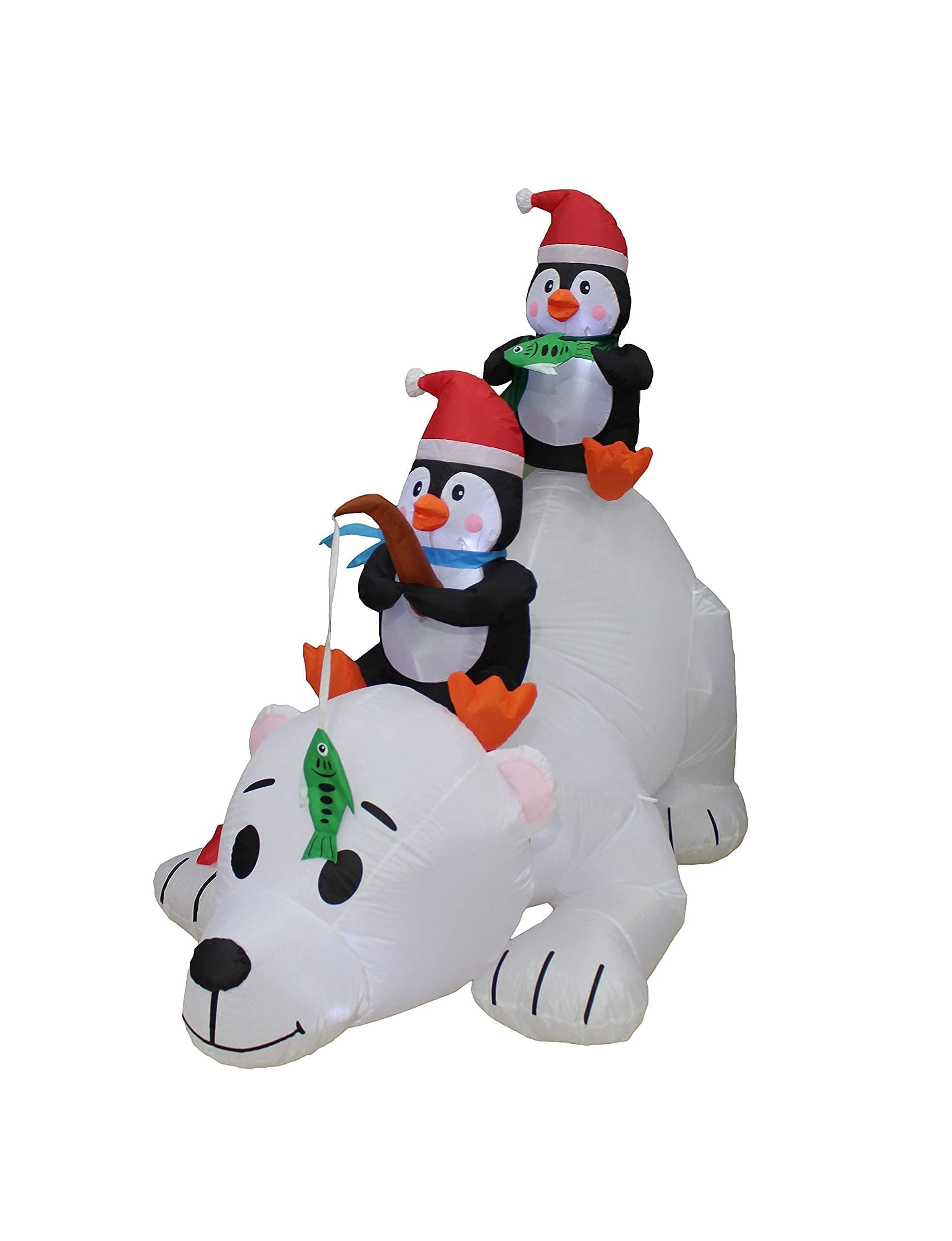 8ft Inflatable Santa Claus on Fishing Boat & 6ft Christmas Inflatable Penguins with Polar Bear - Outdoor Holiday Decorations Bundle for Christmas Party, Yard, and Home Decoration
