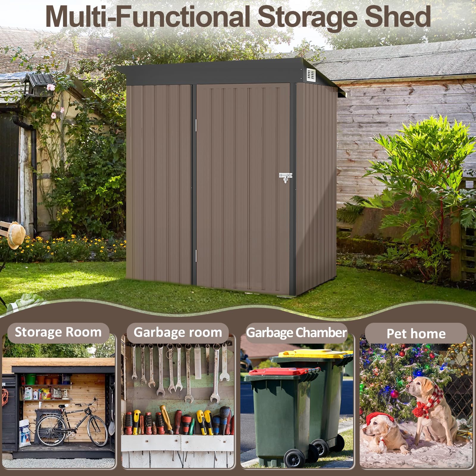 Aoxun 5' x 3' Metal Outdoor Storage Shed - Heavy Duty Steel Utility Tool Shed with Secure Door Lock - Weatherproof Garden Shed for Backyard, Patio, Lawn Equipment Storage (Brown) - Perfect for Storing Gardening Tools, Lawn Mowers & Outdoor Gear