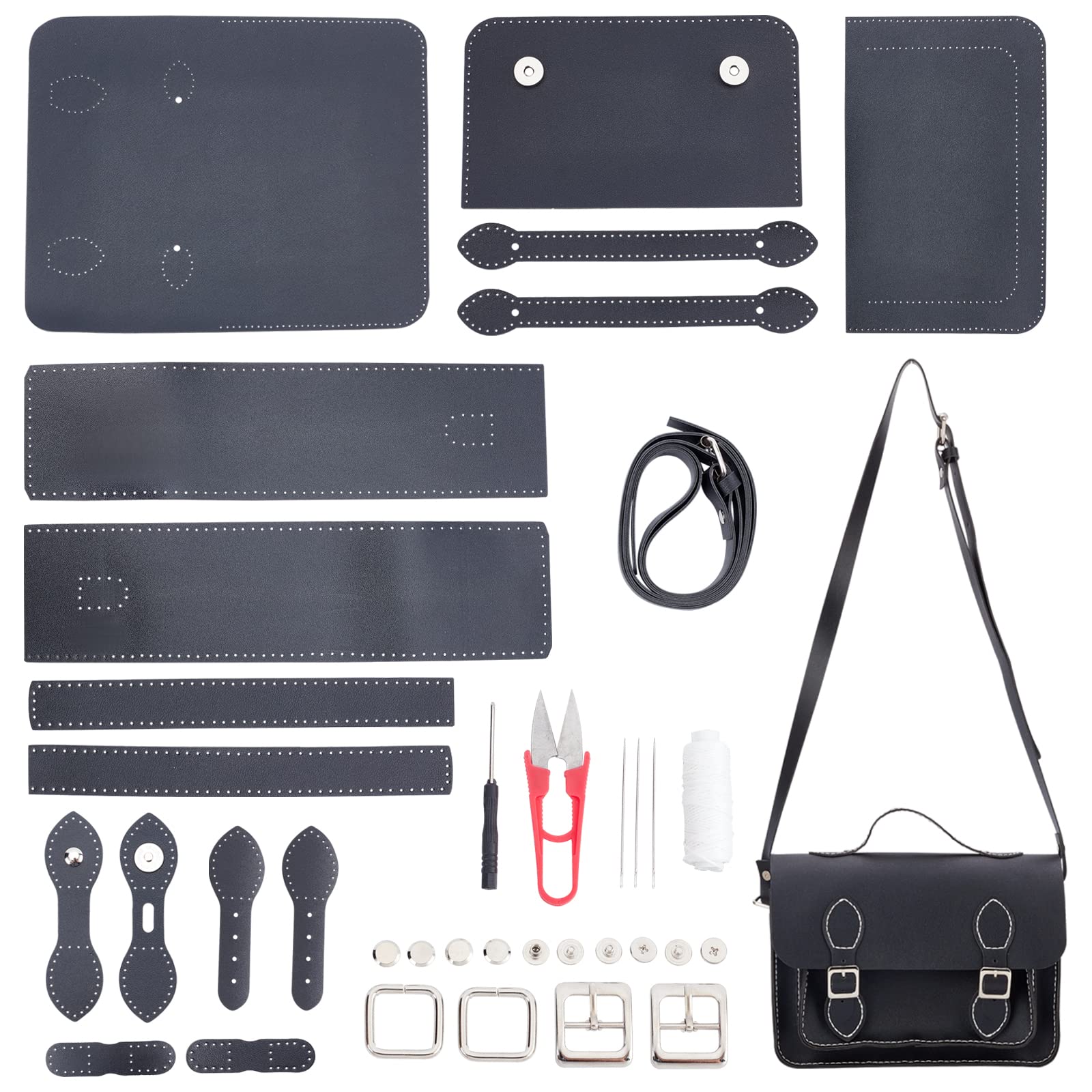 WADORN 32pcs DIY Leather Craft Kit for Bag Making - Knitting Crochet Sewing Supplies for Beginners, Handmade Shoulder Bags & Backpack Accessories (9.6x6.5 Inch, Black) - Perfect for Gift Giving & Craft Projects